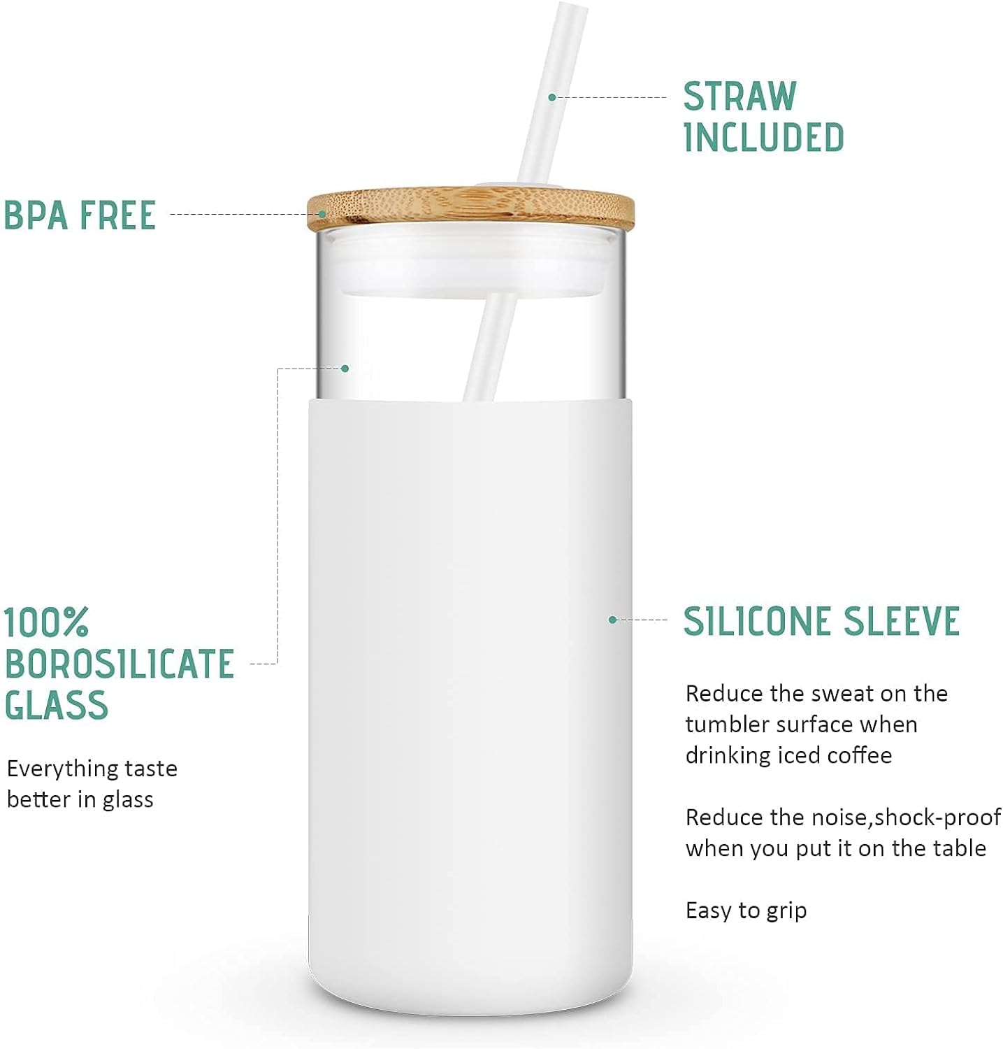 Tronco 20 oz Glass Tumbler Glass Water Bottle Straw Silicone Protective Sleeve Bamboo Lid - BPA Free - White Amber/ 2 Pack