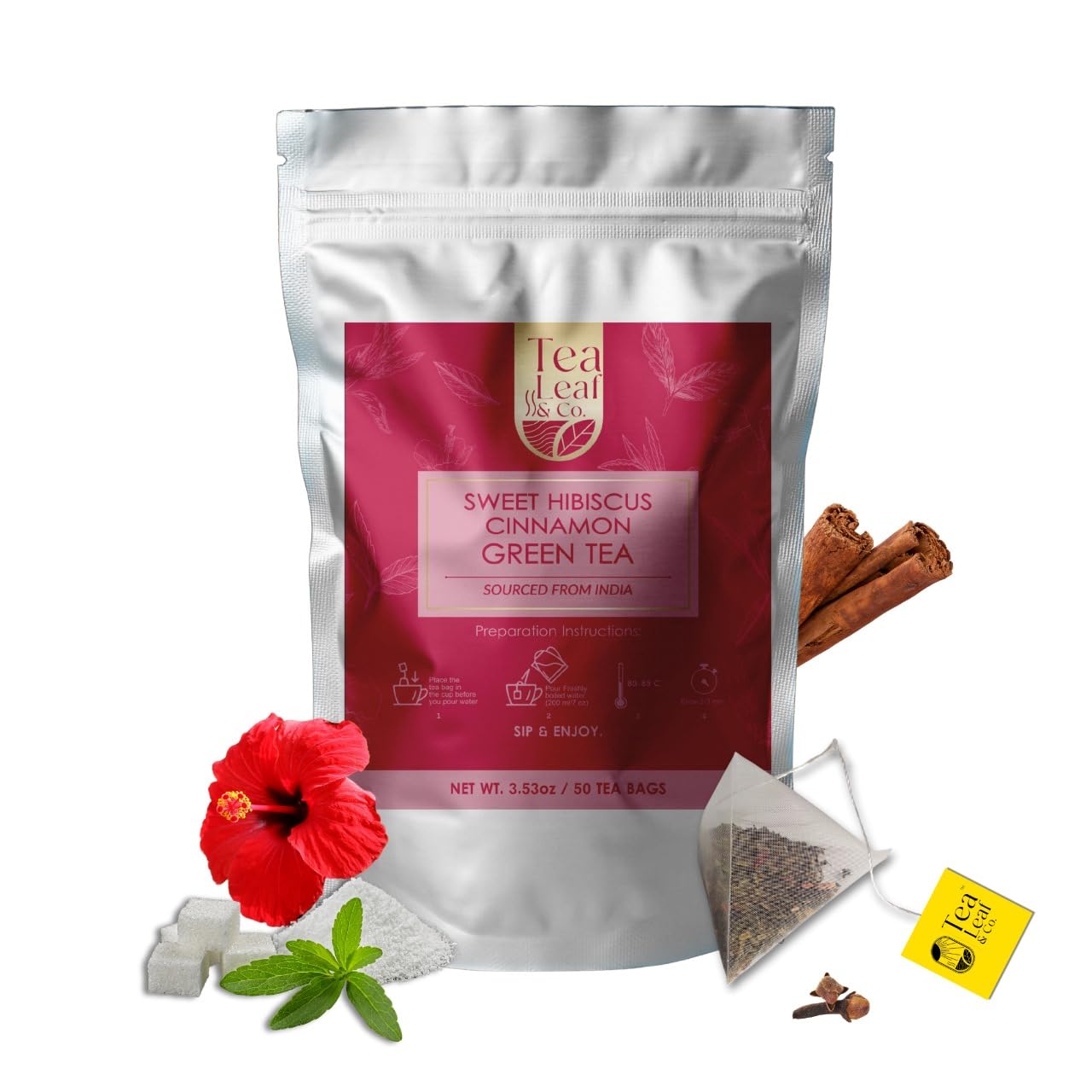 Sweet Hibiscus Cinnamon Green Tea Bags (50 Count), Caffeinated, Real and Natural, Blended with Fresh Herbs and Spices, Gluten Free