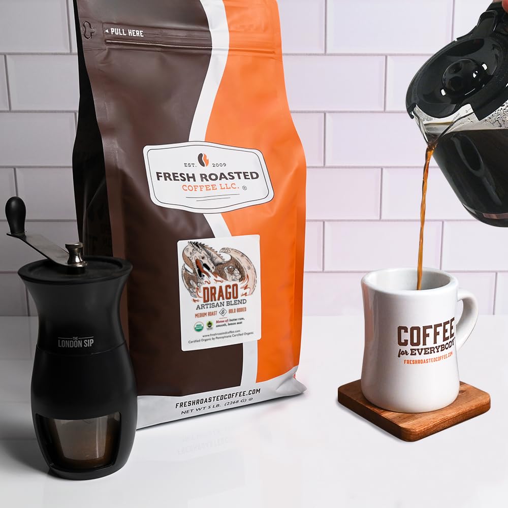 Fresh Roasted Coffee, Organic Drago Café Blend | USDA Organic, Kosher | Medium Roast 5 lb (80 oz) Whole Bean