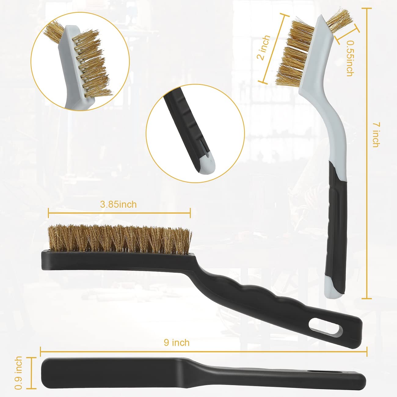 Wire Brushes Cleaning Set 6Pc, 9" and 7", Wire Brushes for Cleaning Welding Slag, Rust and Dust. Includes Brass, Nylon, Stainless Steel Brushes with Strong Handle