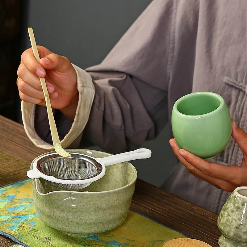 6-Piece Matcha Whisk Set, Japanese Bamboo Chasen, Scoop & Sifter, Traditional Ceremonial Kit with Ceramic Bowl, Whisk Holder Stand, Chakin Cloth (Misty purple)