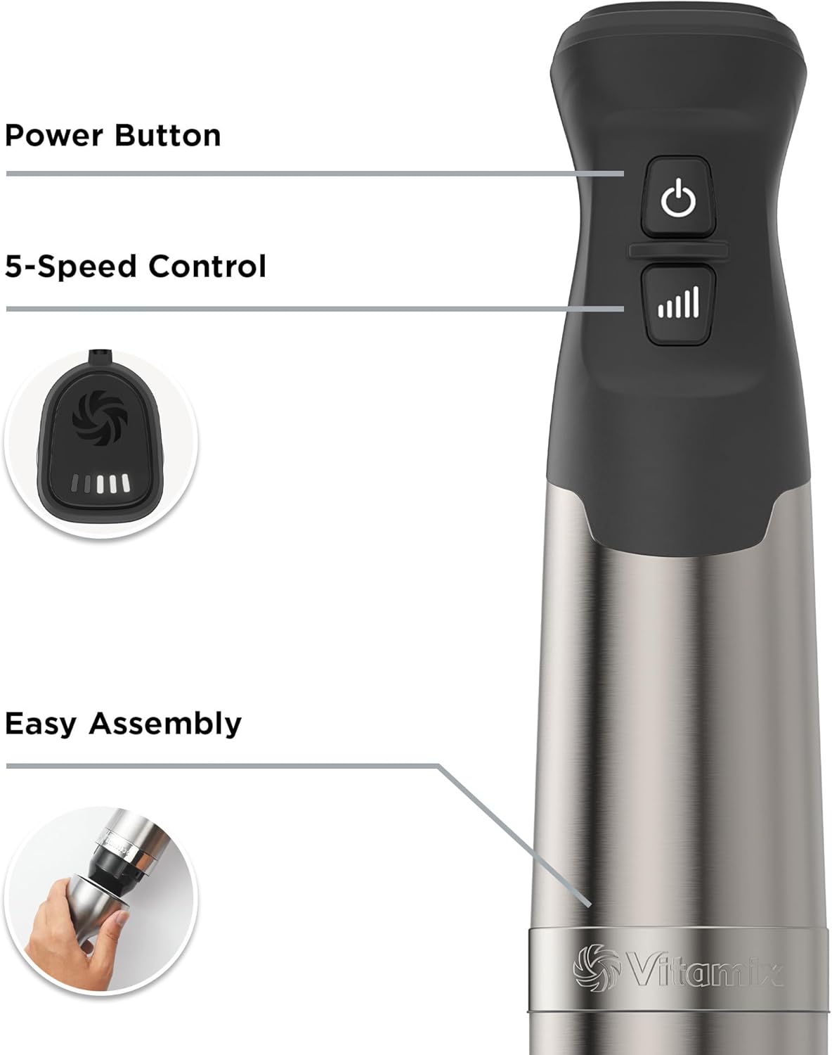 Vitamix 5-Speed Immersion Blender 3-Piece Bundle, 625-Watt Motor, One-Handed Operation, 5 ft cord, includes Whisk Attachment & Storage Case, Stainless Steel/Black