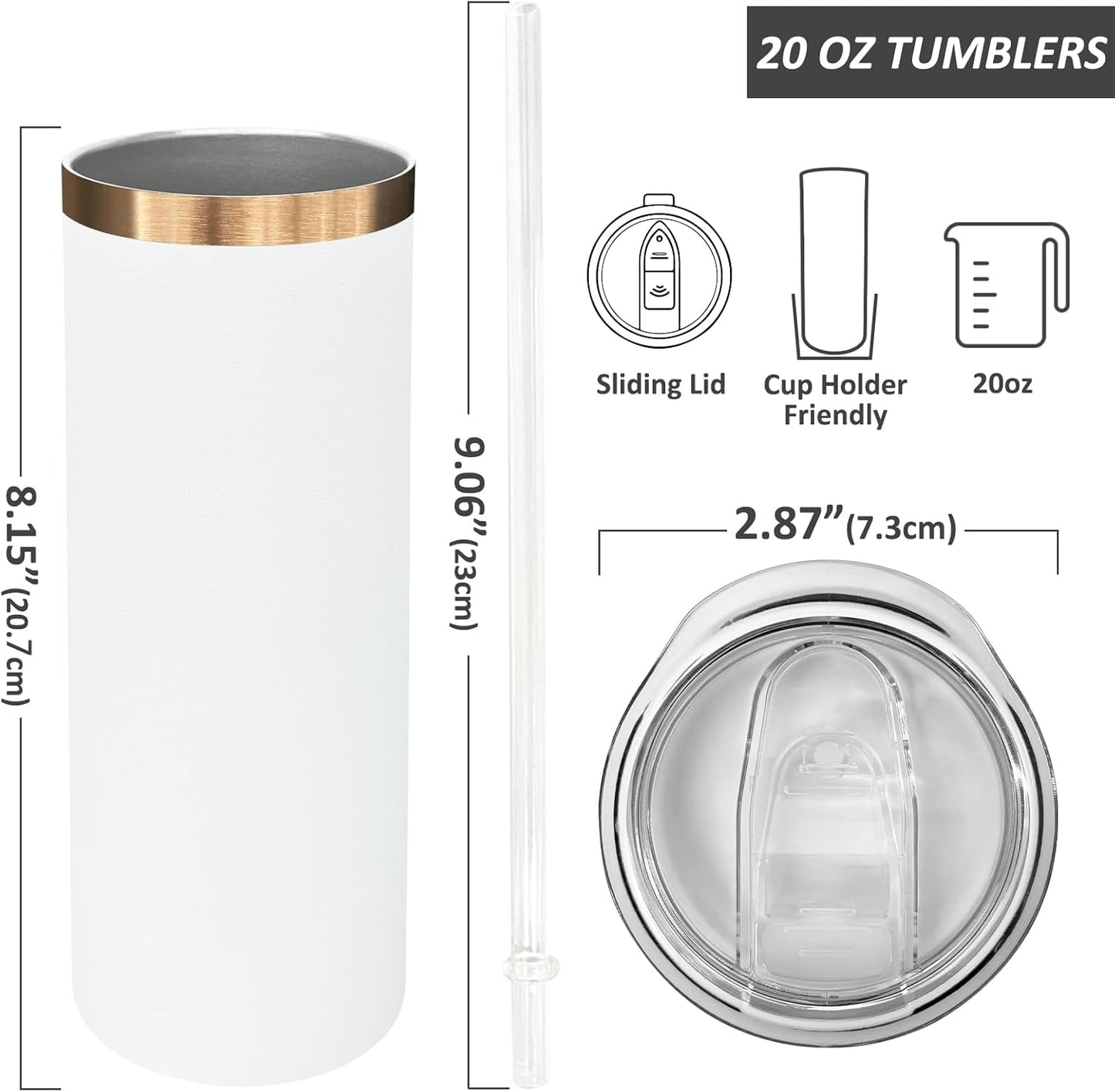 20 oz Skinny Tumblers Bulk 4 Pack, Stainless Steel Insulated Tumbler with Lids and Straws, Slim Double Wall Powder Coated Travel Coffee Mugs Reusable Cup for Hot Cold Drinks (White,4 pack)