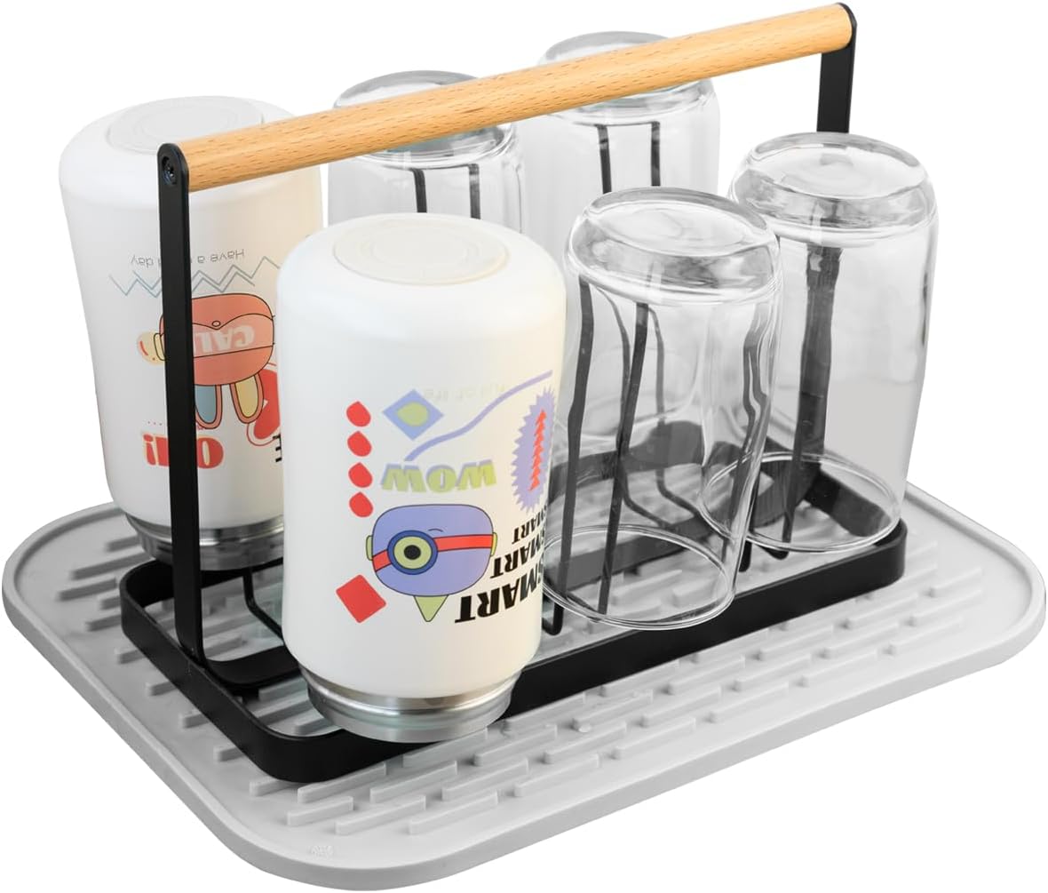 Cup Drying Rack Stand,Beer Glasses Rack 6 Cup Metal Drainer Holder Rack Non-Slip Mugs Cups Organizer with Wood Handle, Black