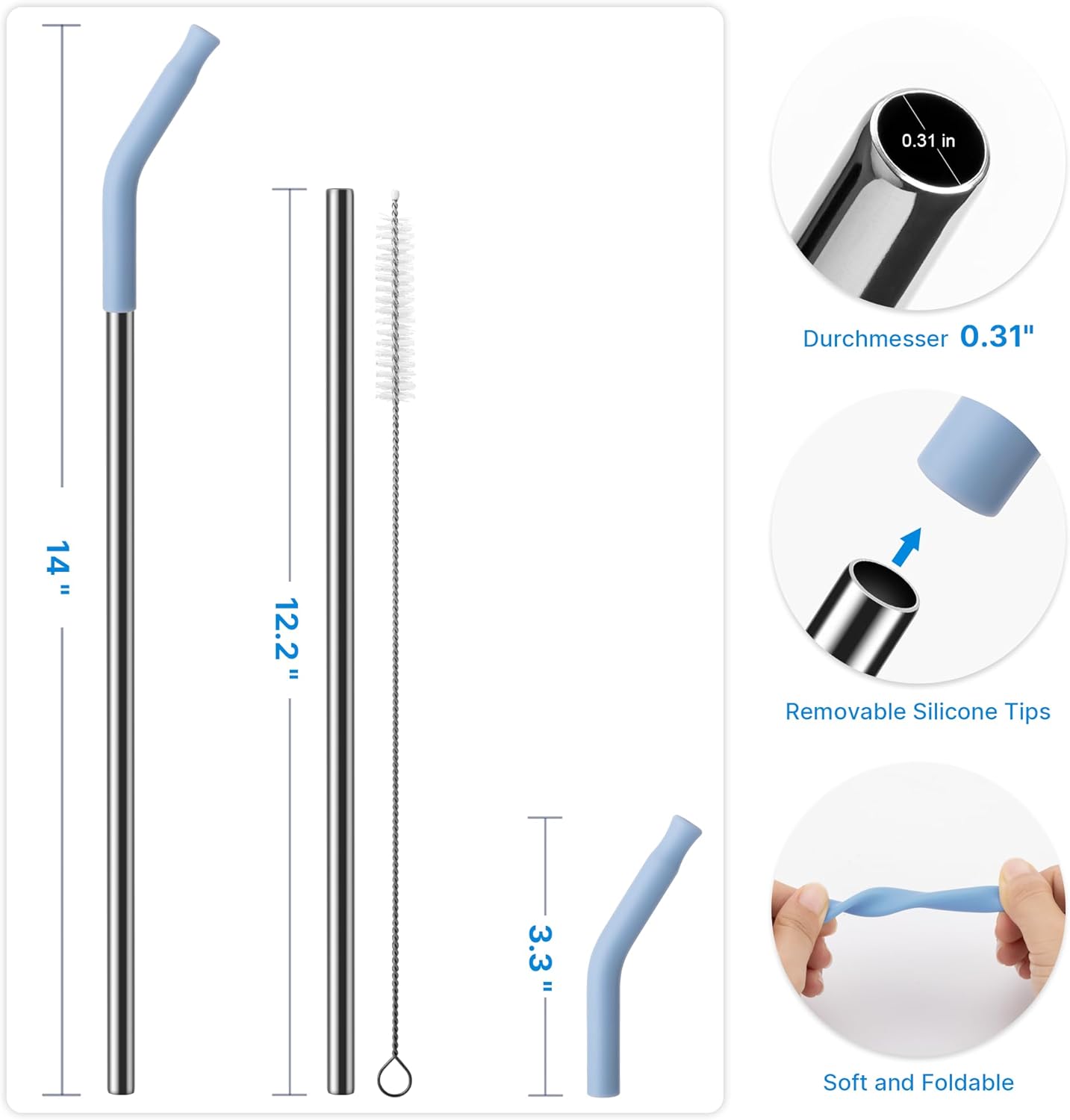 2 Pcs Stainless Steel Straws for 40 oz Stanley Tumbler, Replacement 40 oz Stanley Cup Straw Accessories with Silicone Tips and Cleaning Brush (Light Blue)