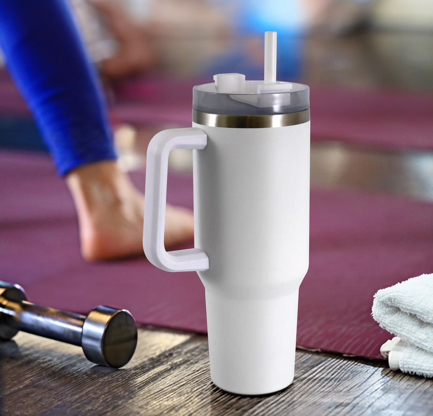 40 Oz Stainless Steel Tumbler with Straw and Handle, Double Wall Insulated, White