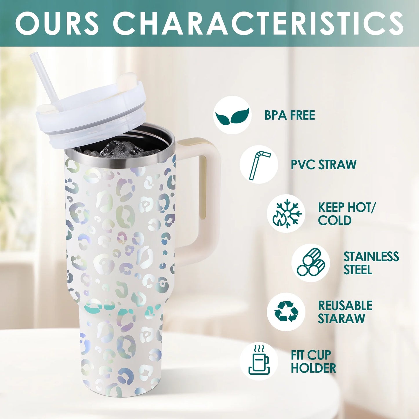 40 Oz Tumbler with Handle and Straw, Travel Mug for Car, 2-In-1 Lid Stainless Steel Tumblers