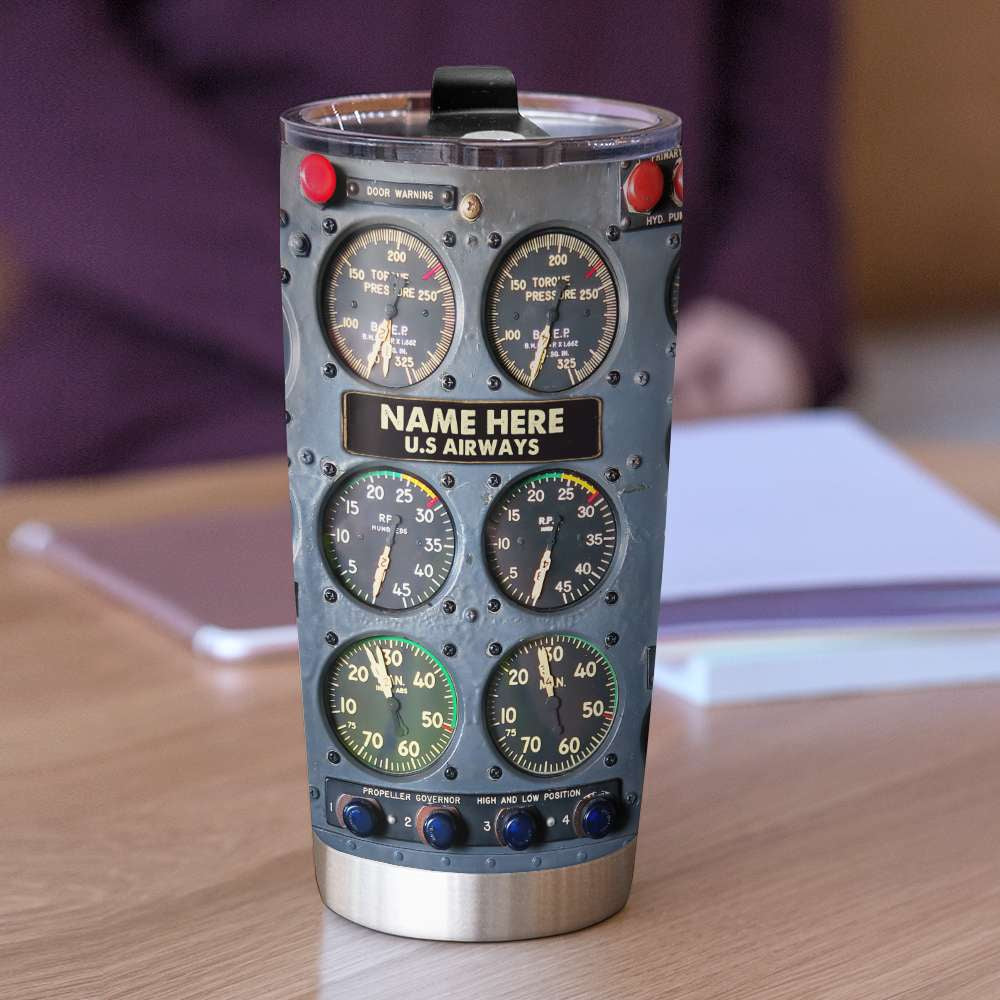 Custom Name Gifts for Pilot Tumbler Cup with Flight Instruments Panel