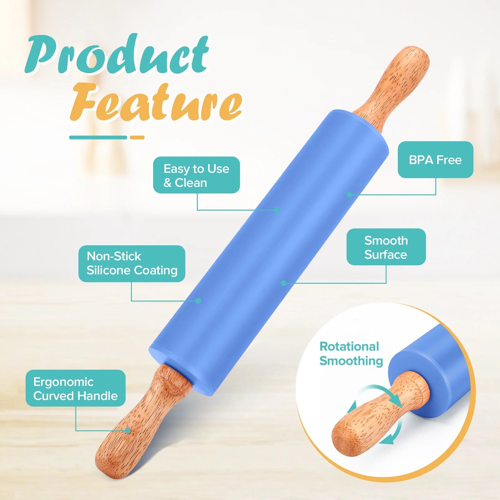 Badiano 2 Pcs Non Stick Wooden Handle 9" 12" Silicone Rolling Pin Sets for Dough Pizza Pastry, Blue