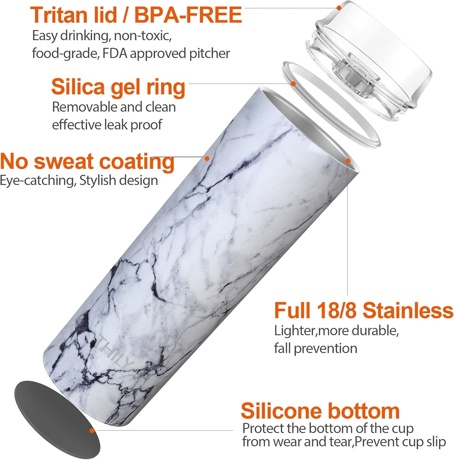 Stainless Steel Vacuum Insulated Tumbler 22 Oz Slim Coffee Cup with Lid and Straw, Spill-Proof, Keep Cold for Juice, Beverage, Christmas Gift, White Marble