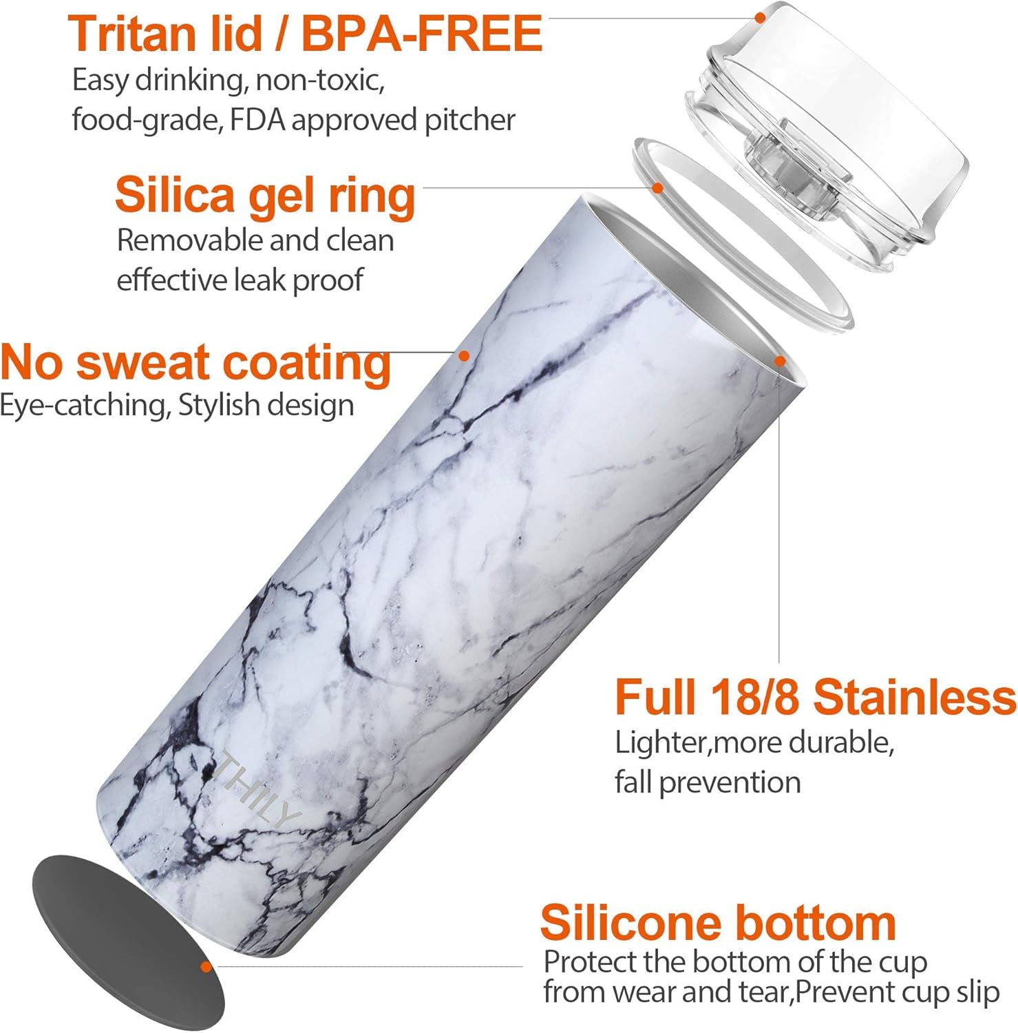 Stainless Steel Vacuum Insulated Tumbler 22 Oz Slim Coffee Cup with Lid and Straw, Spill-Proof, Keep Cold for Juice, Beverage, Christmas Gift, White Marble
