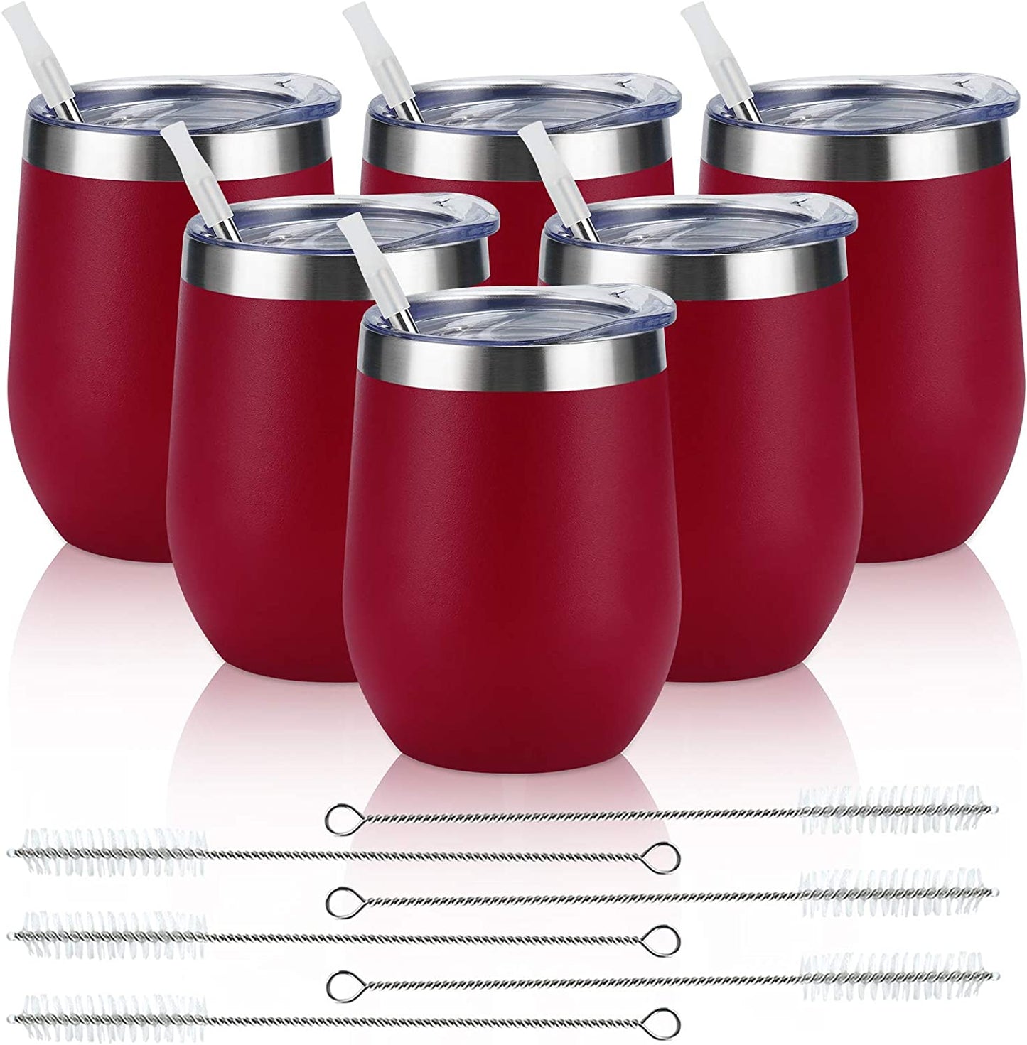 6 Pack Stainless Steel Wine Tumblers, 12Oz Insulated Wine Tumbler, Double Wall Insulated Wine Glass, Stainless Steel Stemless Wine Cups with Lids for Coffee, Wine, Cocktails, Champaign, Wine Red