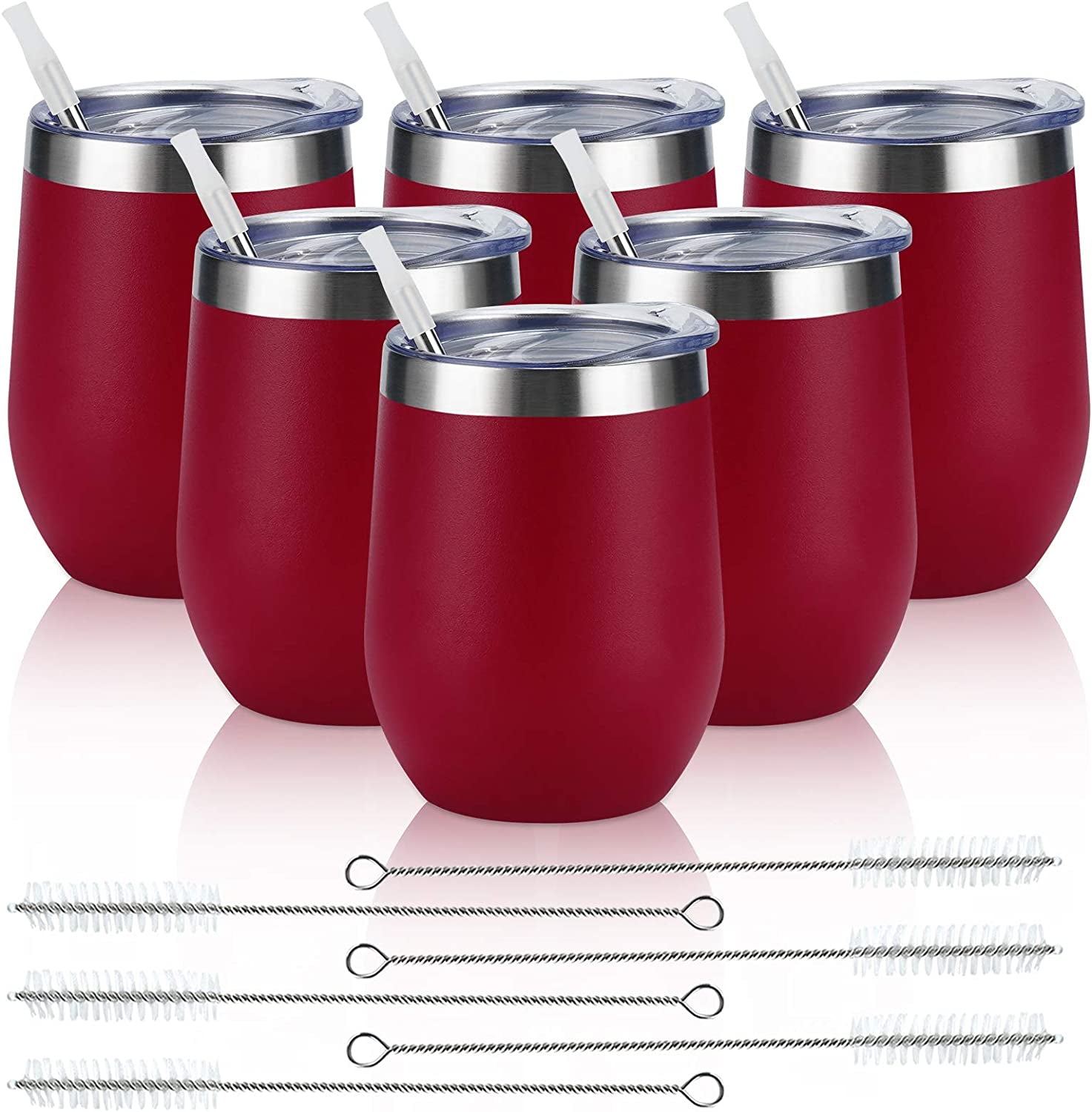 6 Pack Stainless Steel Wine Tumblers, 12Oz Insulated Wine Tumbler, Double Wall Insulated Wine Glass, Stainless Steel Stemless Wine Cups with Lids for Coffee, Wine, Cocktails, Champaign, Wine Red