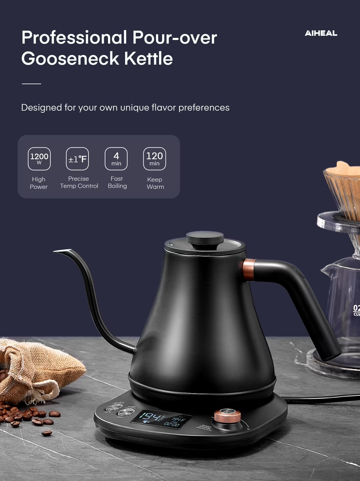Electric Gooseneck Kettle Temperature Control, Pour over Electric Kettle for Coffee and Tea, 100% Stainless Steel Inner, 1200W Rapid Heating, 0.8L, Built-In Stopwatch, Matte Black