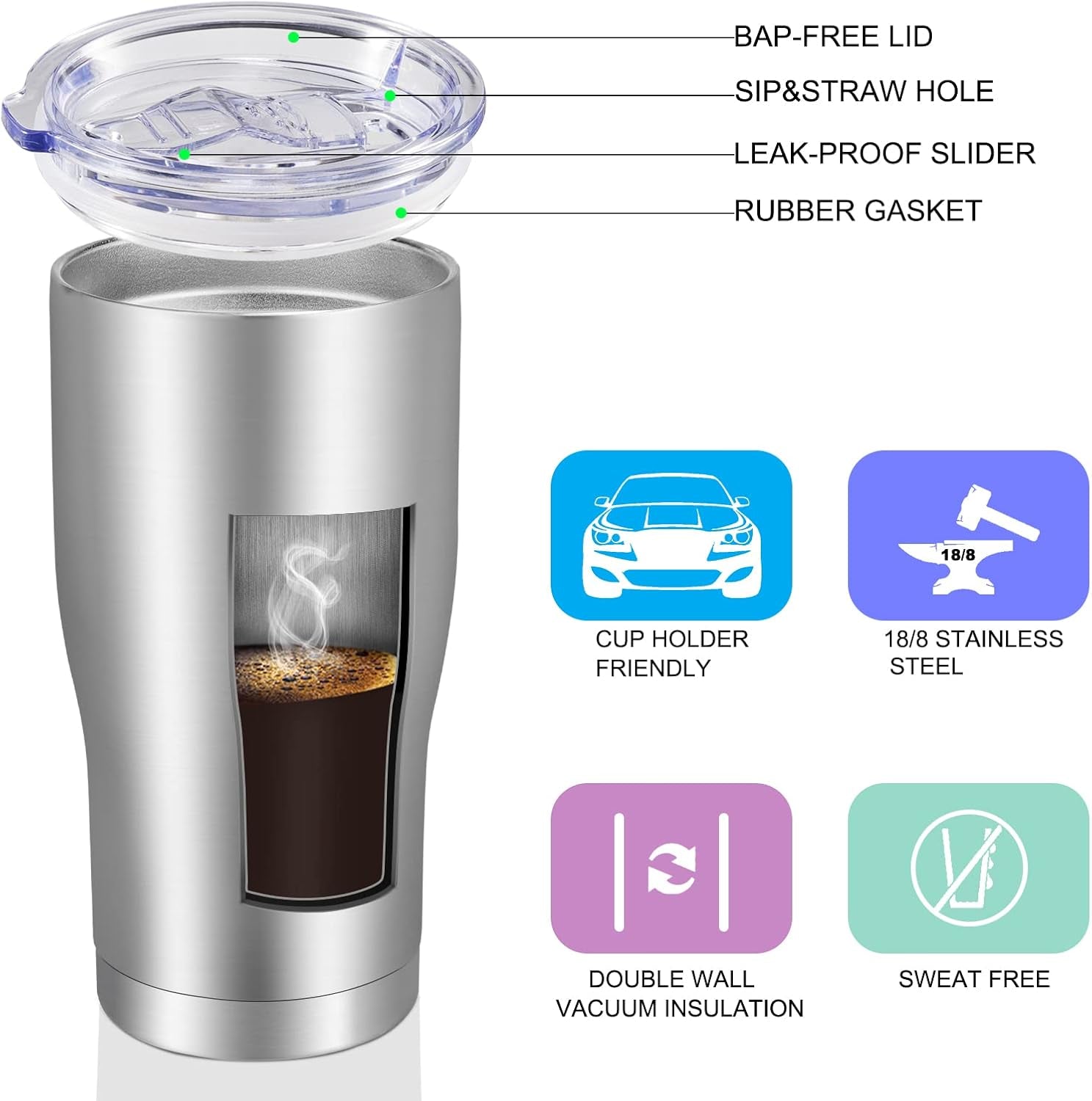 20Oz Tumbler Stainless Steel Tumbler Cup with Lid and Straw Vacuum Insulated Double Wall Travel Coffee Mug(Stainless 6 Pack)
