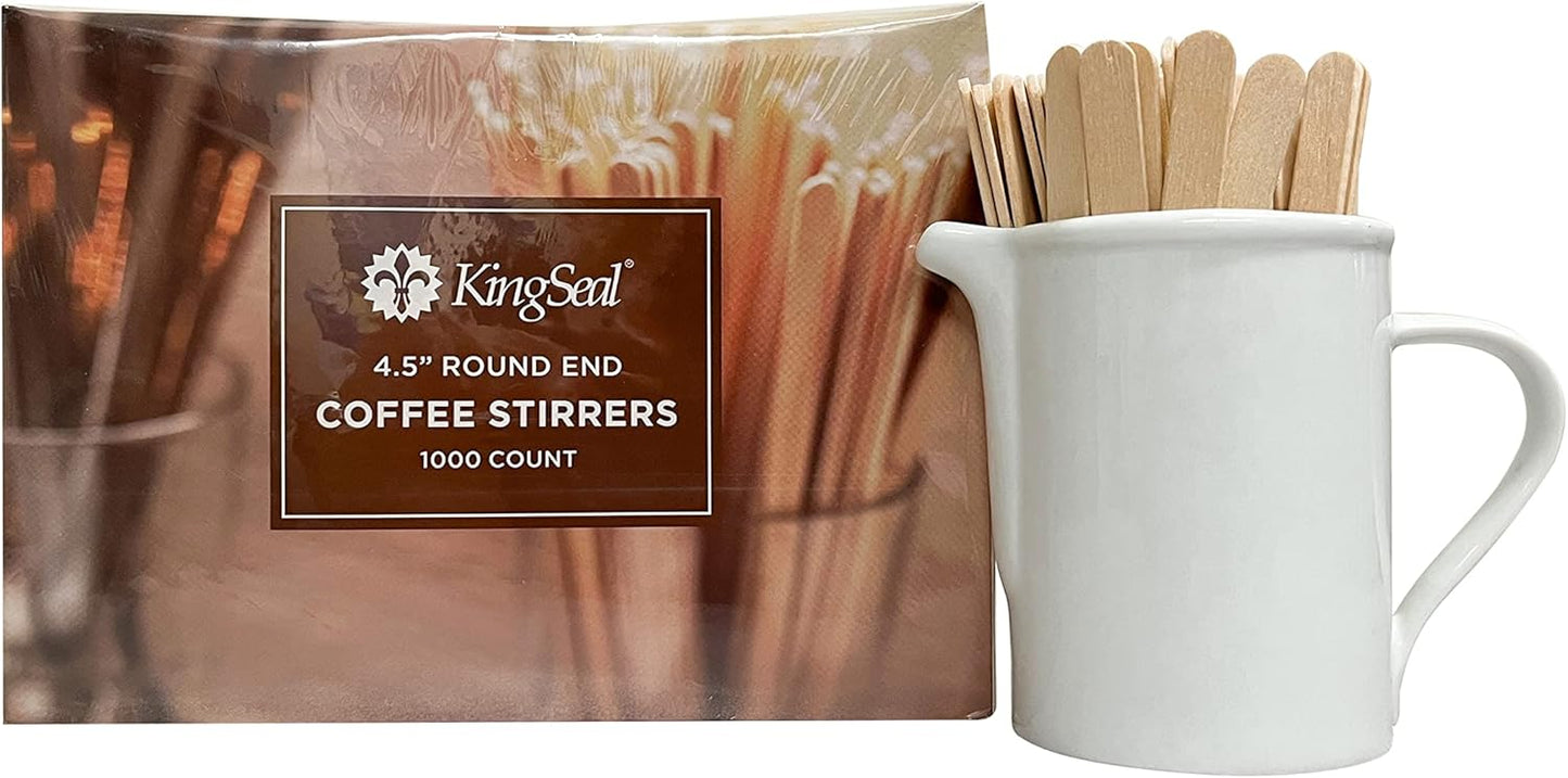 2000 Count | KingSeal Natural Birch Wood Coffee Beverage Stirrers, Stir Sticks, Waxing Sticks, Popsicle Sticks, 4.5 Inches, Round End - 2 Boxes x 1000 Stirrers
