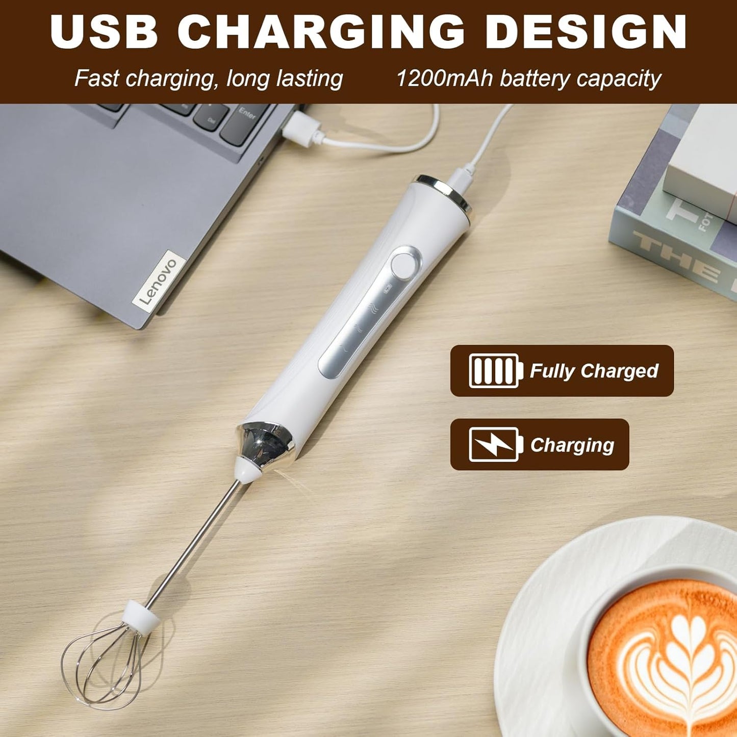 Handheld Electric Milk Frother with 2 Heads, Coffee Whisk Foam Mixer with USB Rechargeable 3 Speeds, Foam Maker Blender for Latte, Cappuccino, Hot Chocolate, Egg (White)