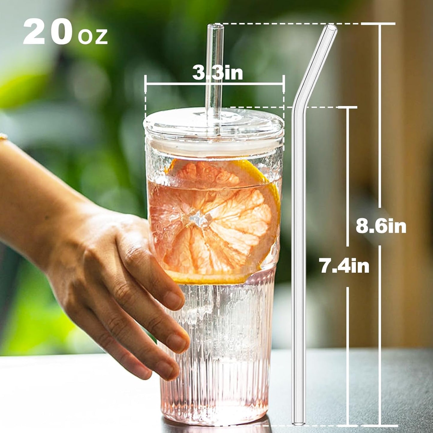 Glass Tumbler with Straw and Lid, 20 OZ Clear Iced Coffee Glasses Cups for Ice Water, Juice, Tea, Milk, Smoothie and Cold or Hot Drinks, Set of 2