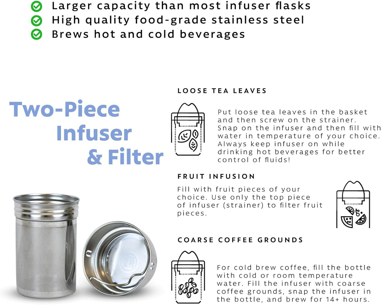 London Sip 25 oz Multi-Function Travel Mug and Tumbler Tea Infuser Water Bottle Fruit Infuser Flask Hot and Cold Double Wall Stainless Steel Coffee Thermos, Cosmic Silver, Pack of 2