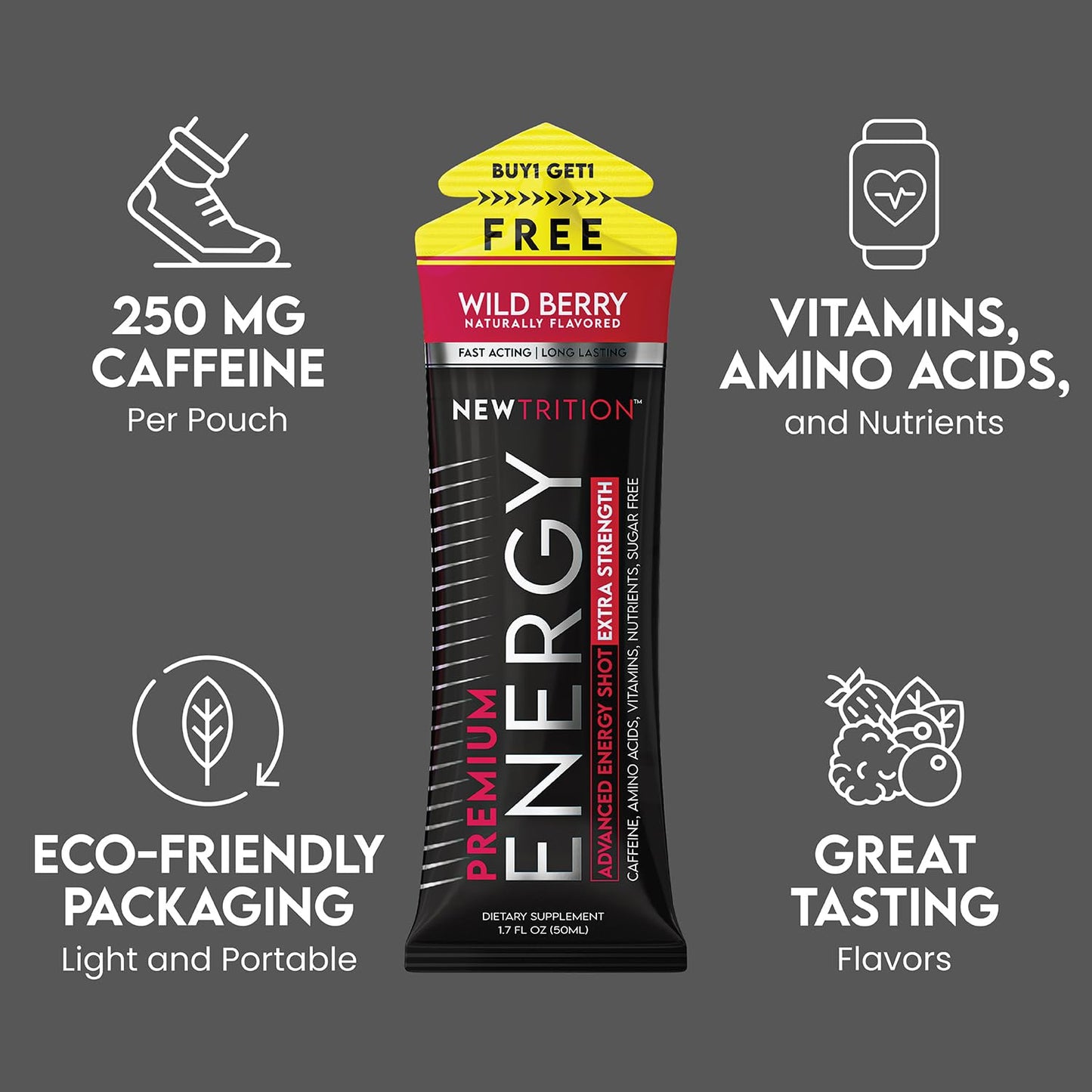 NewTrition® Extra Strength Energy Shots, 250mg Caffeine Energy Shots with Vitamin B & Amino Acids, Sugar-Free Vitamin Energy Shot, 1.7 fl oz (Pack of 12, 4 Flavors-Mixed-1)