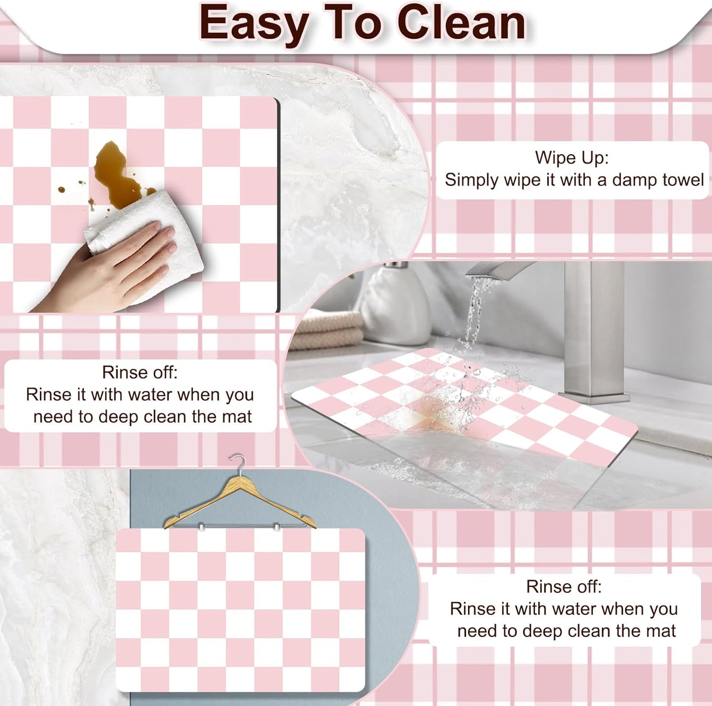 Dish Drying Mat for Kitchen, 15.7'' x 23.6'' Checkered Coffee Bar Mat for Countertops, Coffee Station Mat with Non-slip Rubber Backed, Absorbent Dish Dying Pat for Kitchen Counter, Pink & White