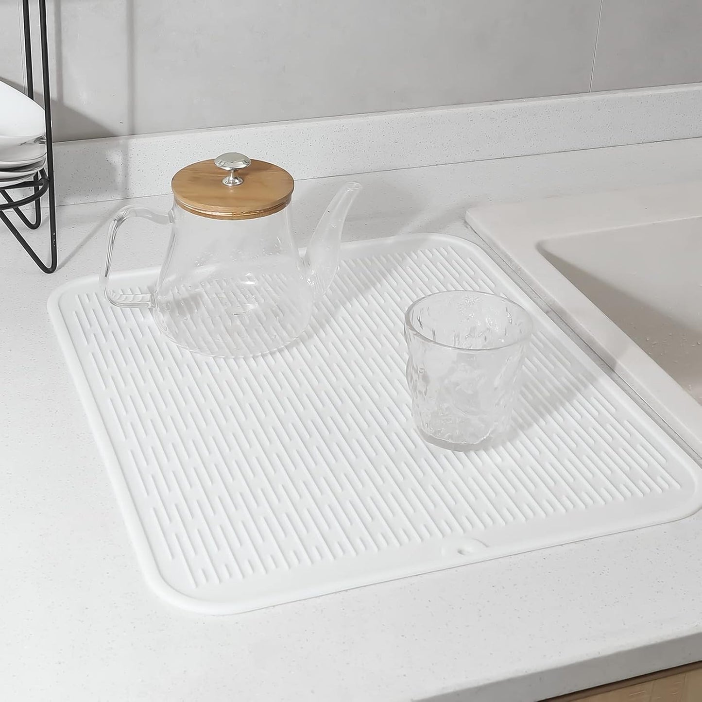 Silicone Dish Drying Mat for Multiple Usage,Easy clean,Eco-friendly,Heat-resistant Silicone Mat for Kitchen Counter or Sink,Refrigerator or Drawer Liner White XL 18 inches x 16 inches