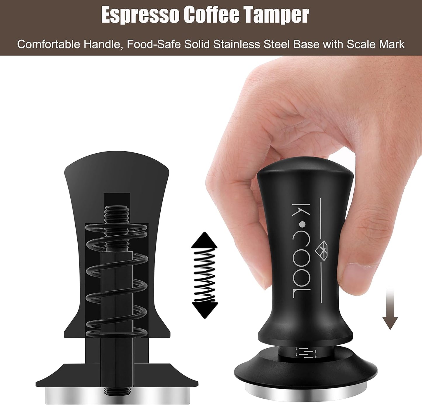 K COOL 51mm Coffee Espresso Tamper, Premium Barista Tools, Calibrated Spring Tamper, 100% Stainless Steel Flat Base Tamper with Scale Mark for Espresso Machine (Black)