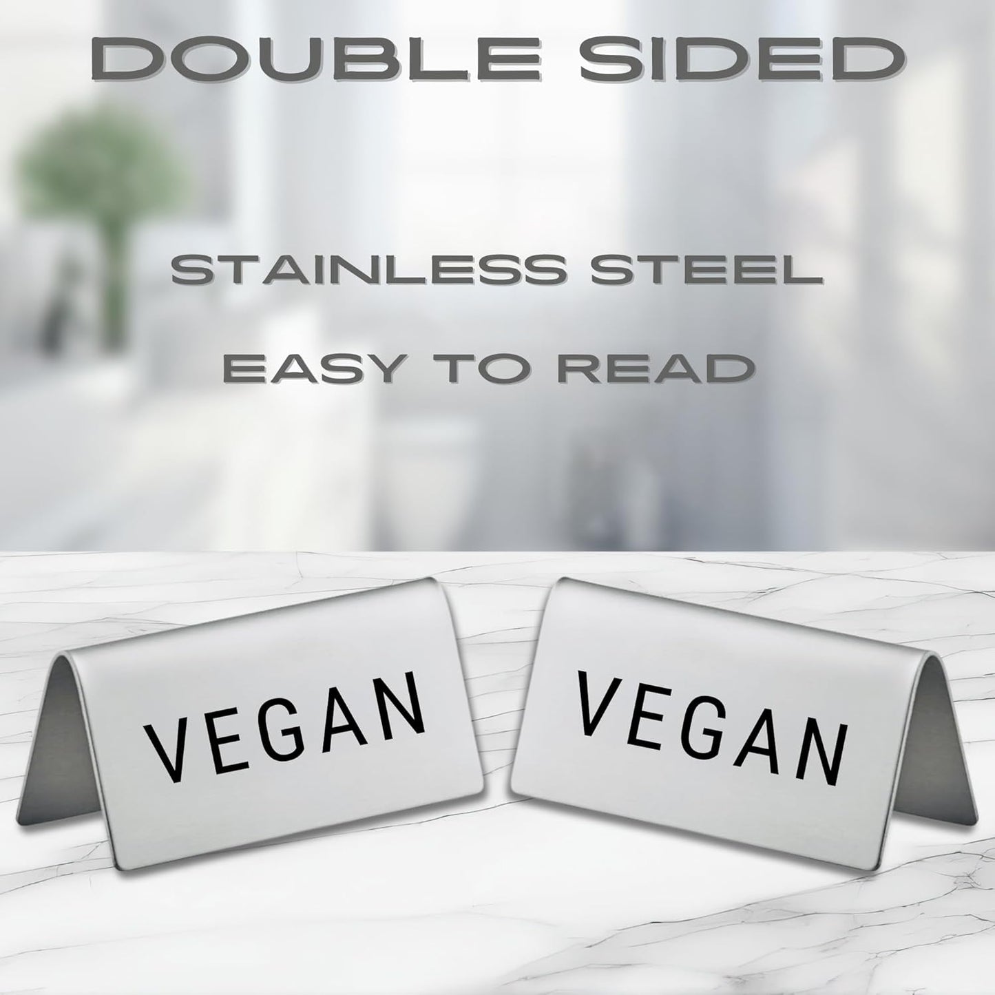 Vegan Stainless Steel Metal Table Tent Sign - 3" x 1-1/2" - Table Top Setting for Restaurants, Catering Businesses, Business. Great for Wedding, Banquet, Buffet, Party, Events. To Label Food Areas for Special Dietary Needs-4 PK