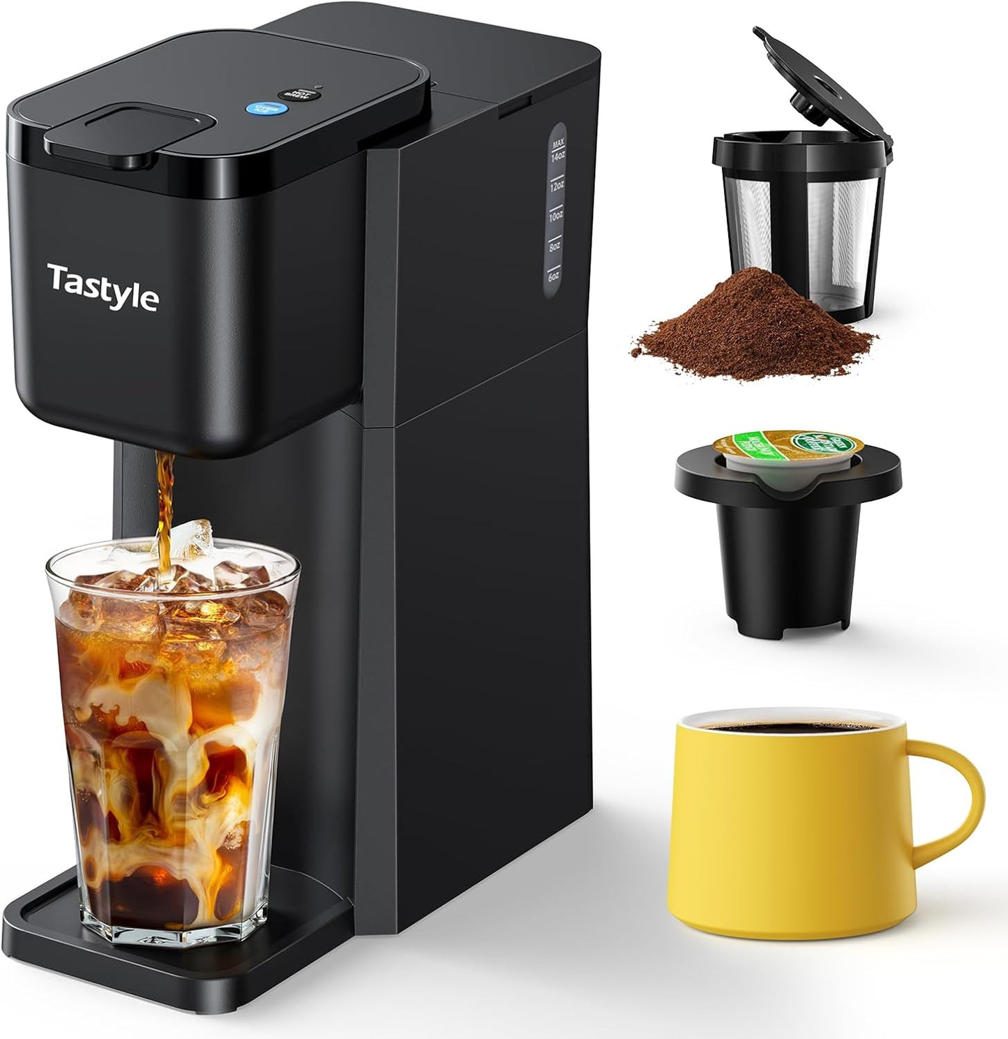 Mini Hot and Iced Coffee Maker Single Serve, for K Cup and Ground, 6 to 14 Oz Brew Sizes, with Recipe Book, for Home, Travel, RV, Office and Dorm, Classic Black (2.0 Version)