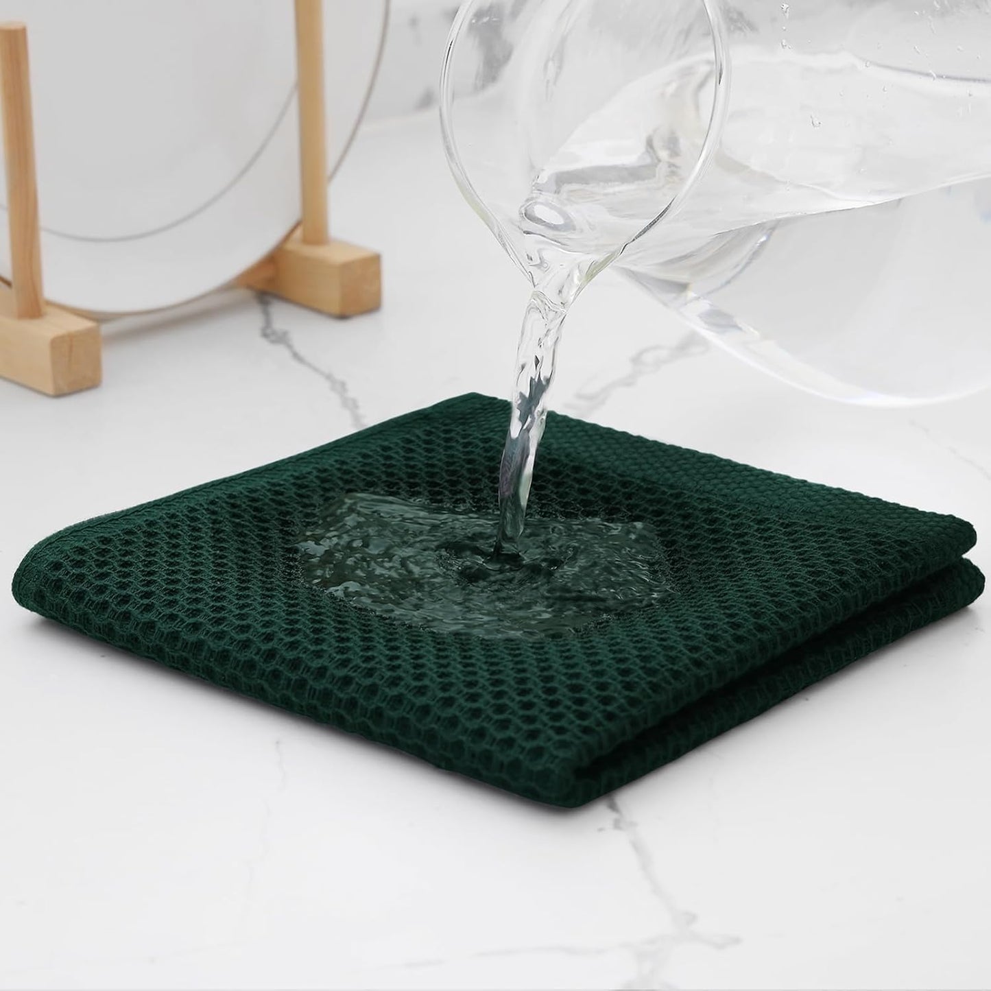 Kitinjoy 100% Cotton Kitchen Dish Cloths, 8 Pack Waffle Weave Ultra Soft Absorbent Dish Towels for Drying Dishes Quick Drying Kitchen Towels Dish Rags, 12 X 12 Inches, Blackish Green