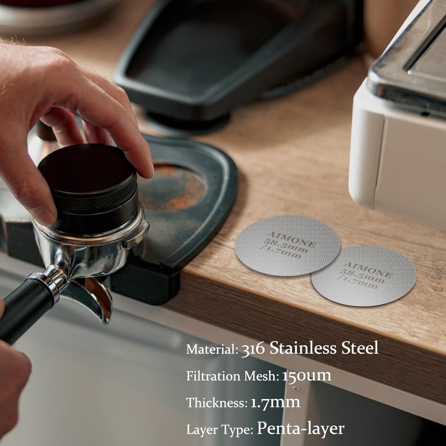 Espresso Puck Screen - Lower Shower Screen Compatible With Espresso Portafilter Filter Basket, Reusable1.7mm Thickness,150μm, 316 Stainless Steel (1, 58.5MM)