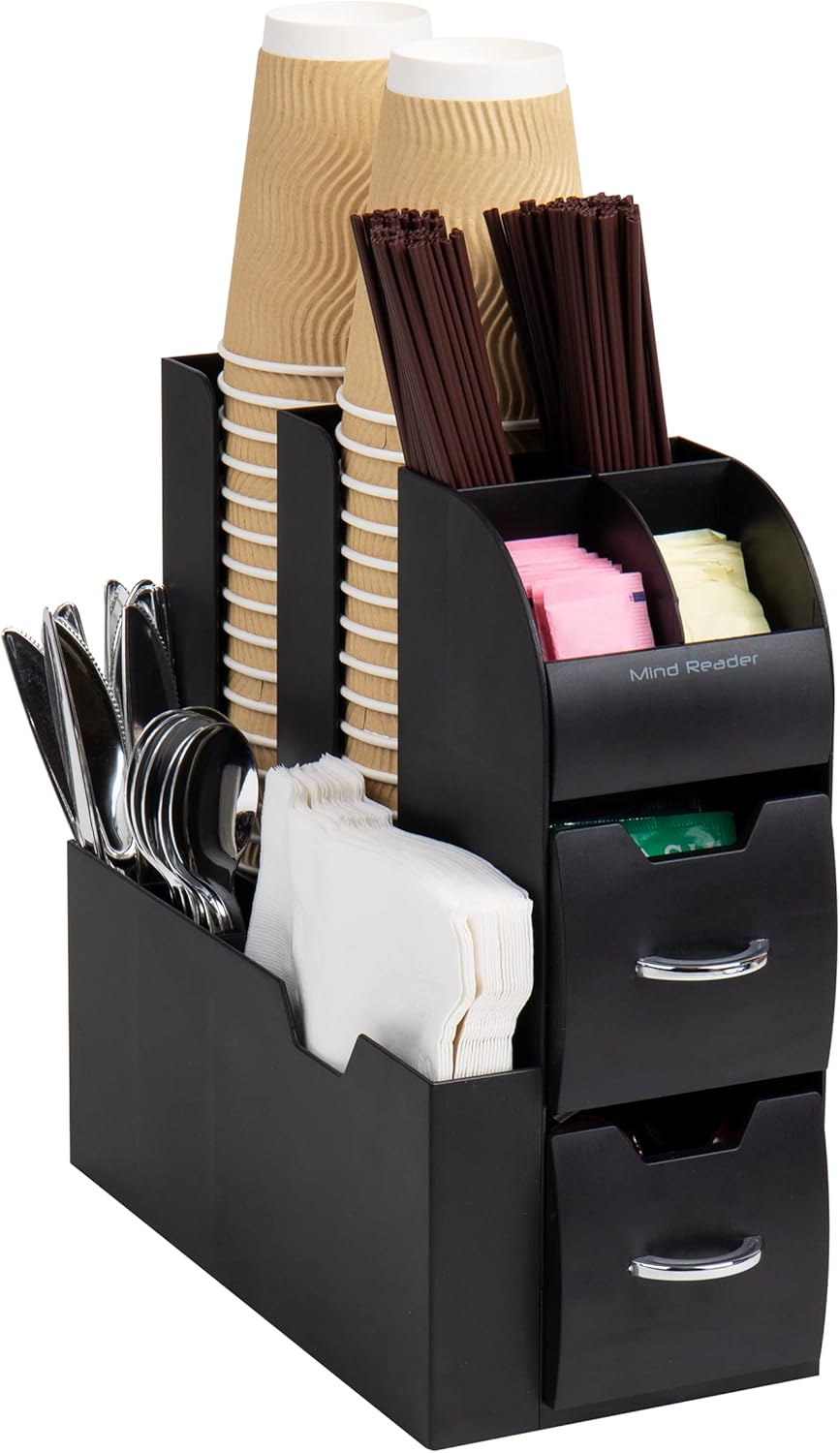 Mind Reader Cup and Condiment Station, Countertop Organizer, Coffee Bar, Kitchen, Stirrers, 5.35"W x 11.25"L x 11.15"H, Black