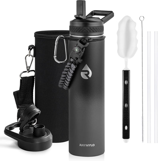 Insulated Water Bottle 24oz, Triple Wall Vacuum Stainless Steel (Cold for 48 Hrs, Hot for 24Hrs), Leak Proof & Non-BPA, 24oz Hydro Water Flask with Paracord Handle & Straw Spout Lids
