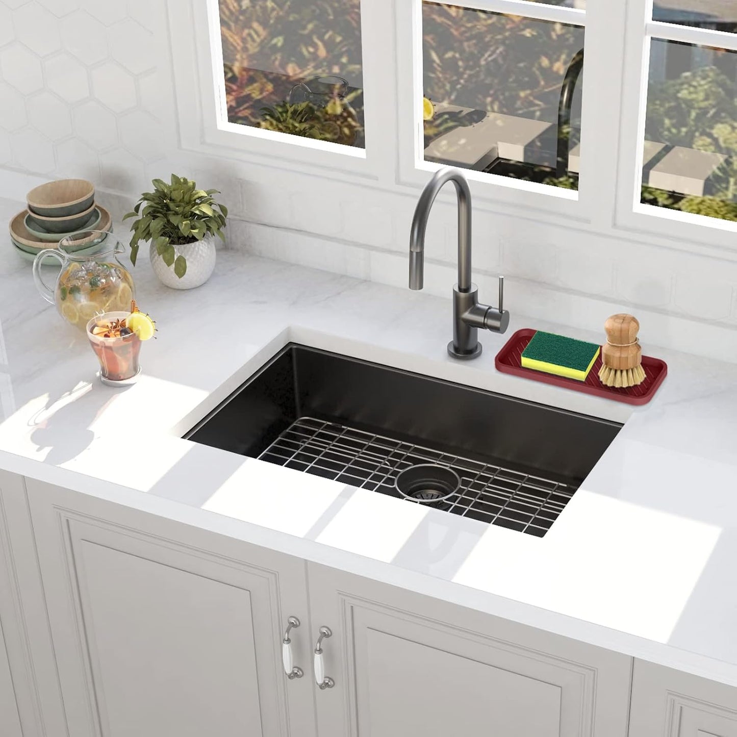 EG-SIPRO Kitchen Sink Organizer Tray,Sponge Holder for Kitchen Sink Bathroom Counter Tray Sponge Caddy Silicone Soap Holder for Soap dispenser, Bottle, Dishwashing Accessories(2-pack)