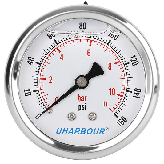 Glycerin Filled Pressure Gauge 160psi/11bar, Stainless Steel case, Brass Inside Construction, 2-1/2" dial, 1/4" NPT Back Connection.¡¦