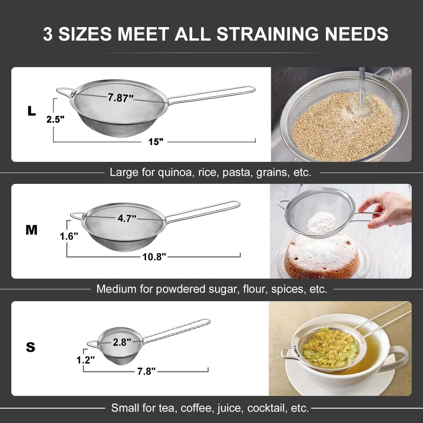Walfos Fine Mesh Strainers Set, Premium Stainless Steel Colanders and Sifters, with Reinforced Frame Sturdy Handle, Perfect for Sift, Strain, Drain Rinse Vegetables, Pastas Tea - 3 Sizes