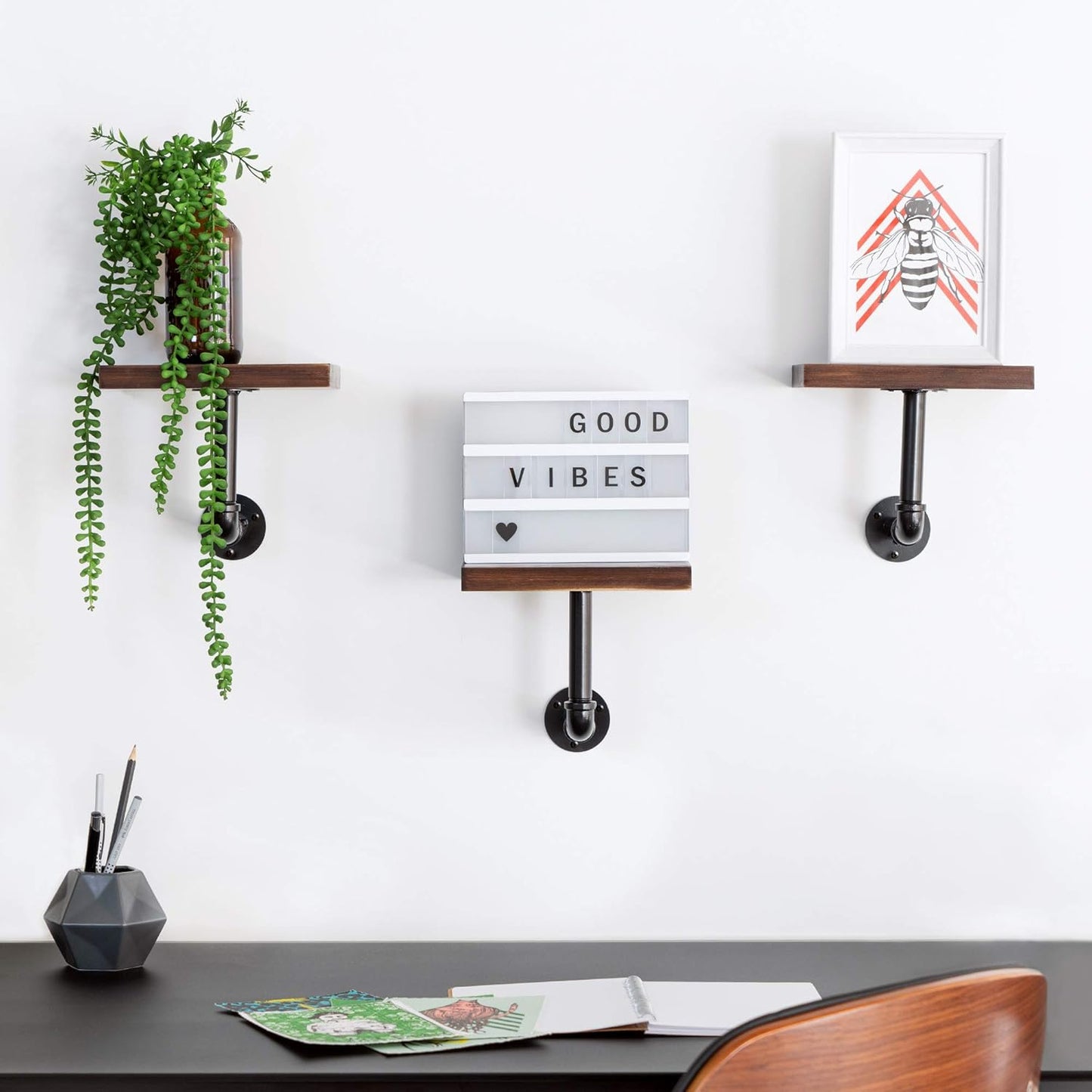 Navaris Industrial Pipe Shelf Set - 3 Small Wooden Shelves with Black Pipe Brackets - 5.9" x 7.9" Wall-Mounted Wood Shelving - Size S, Dark Brown