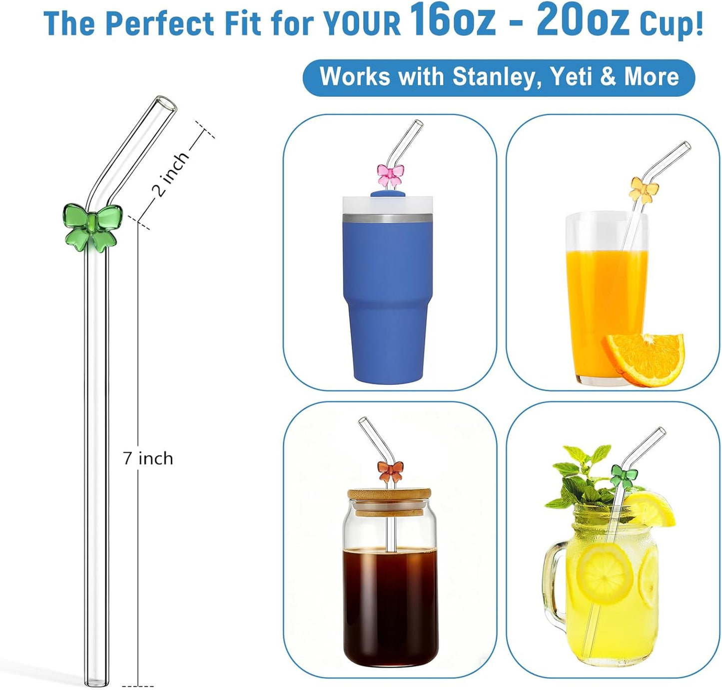 Cute Glass Straws with Charms, Purple Bow Glass Straws Bent, 8mm x 9 Inch Borosilicate Reusable Drinking Straws Clear, Decorative Fun Design for Party Cocktails and Adults, 8 Pack with Case & 2 Brush