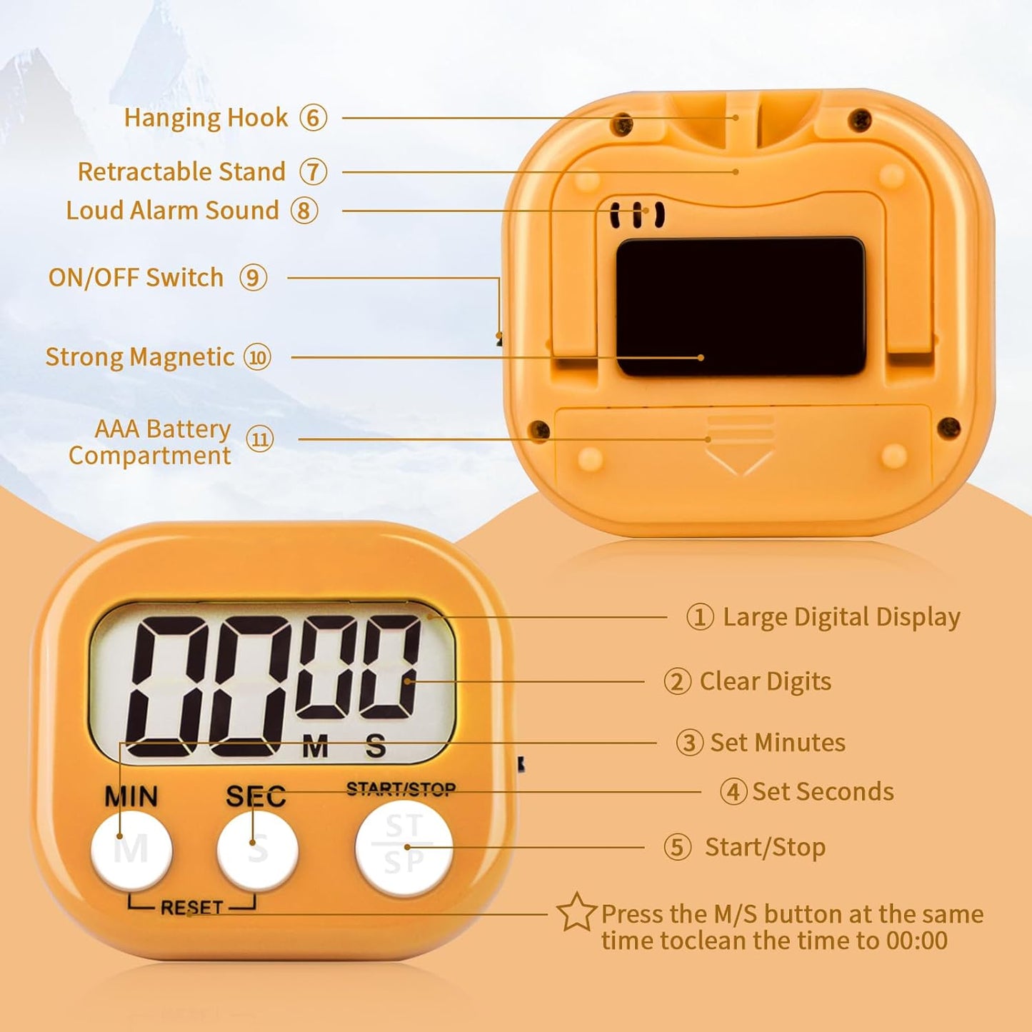 4 Pack Orange Digital Kitchen Timer Magnetic Digital Timer with Big Display Loud Ring Cooking Timers for Cooking, Game, Gym, Break Time, Classroom(4, Orange)