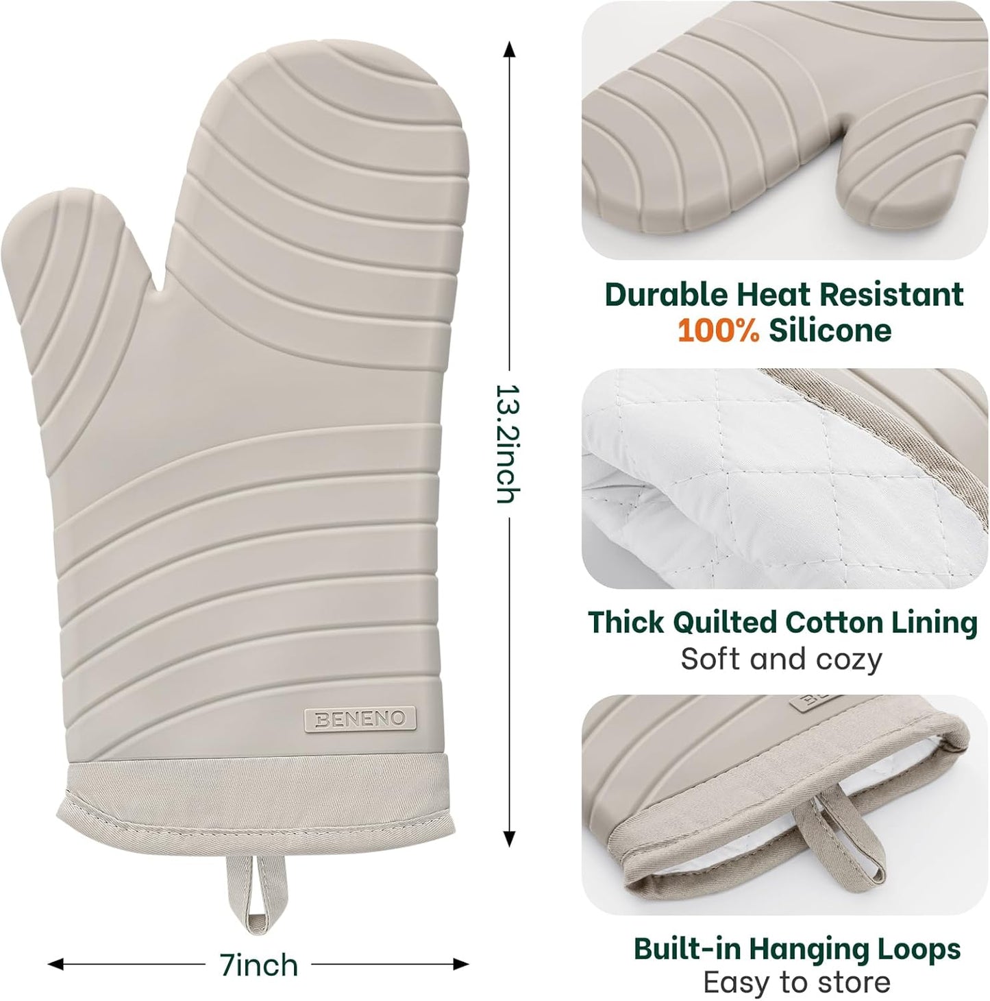 Beneno Oven Mitts, Heat Resistant BPA-Free Soft Silicone Oven Mitts 2-Pack, Waterproof Non-Slip Flexible Oven Gloves with Comfort Cotton Lining, Durable Kitchen Mitt Set for Baking Grill, 7"x13" Beige