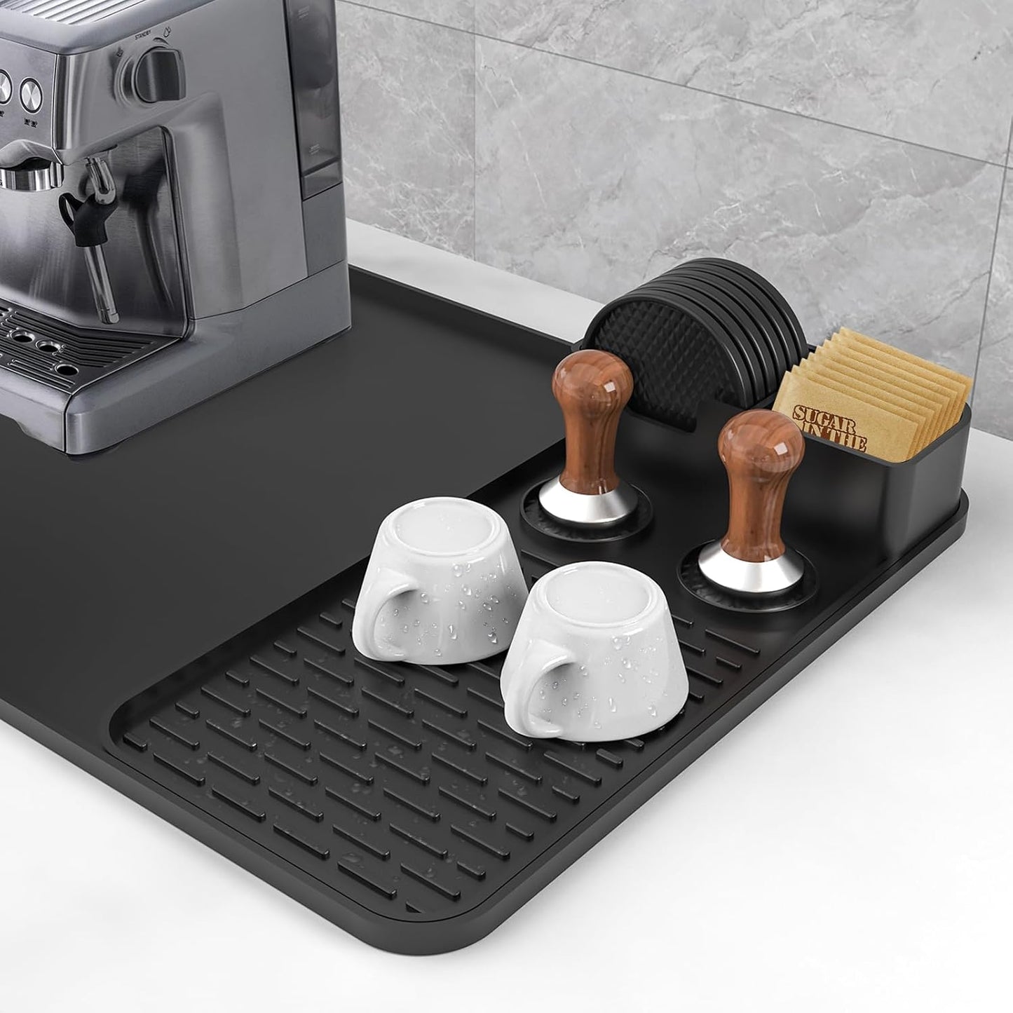 Silicone Coffee Mat with 6PCS Coasters,24''x16'' Kitchen Bar Accessories Fits Under Coffee Maker and Pot,Espresso Machine,Detachable Dish Drying Mat for Tamper,Sugar Packets,Cups,Countertop Protection