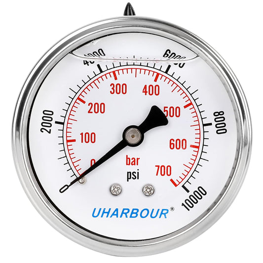 Glycerin Filled Pressure Gauge 10000psi/700bar, Stainless Steel case, Brass Inside Construction, 2-1/2" dial, 1/4" NPT Back Connection.¡¦