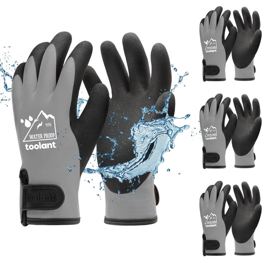 toolant 100% Waterproof Gloves Bulk Pack, 3 Pairs, Winter Work Gloves for Cold Weather, Touchsreen, Warm Freezer Gloves, Thermal Insulated, With Grip, Grey, Small