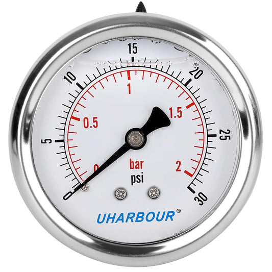 Glycerin Filled Low Pressure Gauge 30psi/2bar, Stainless Steel case, Brass Inside Construction, 2-1/2" dial, 1/4" NPT Back Connection¡¦