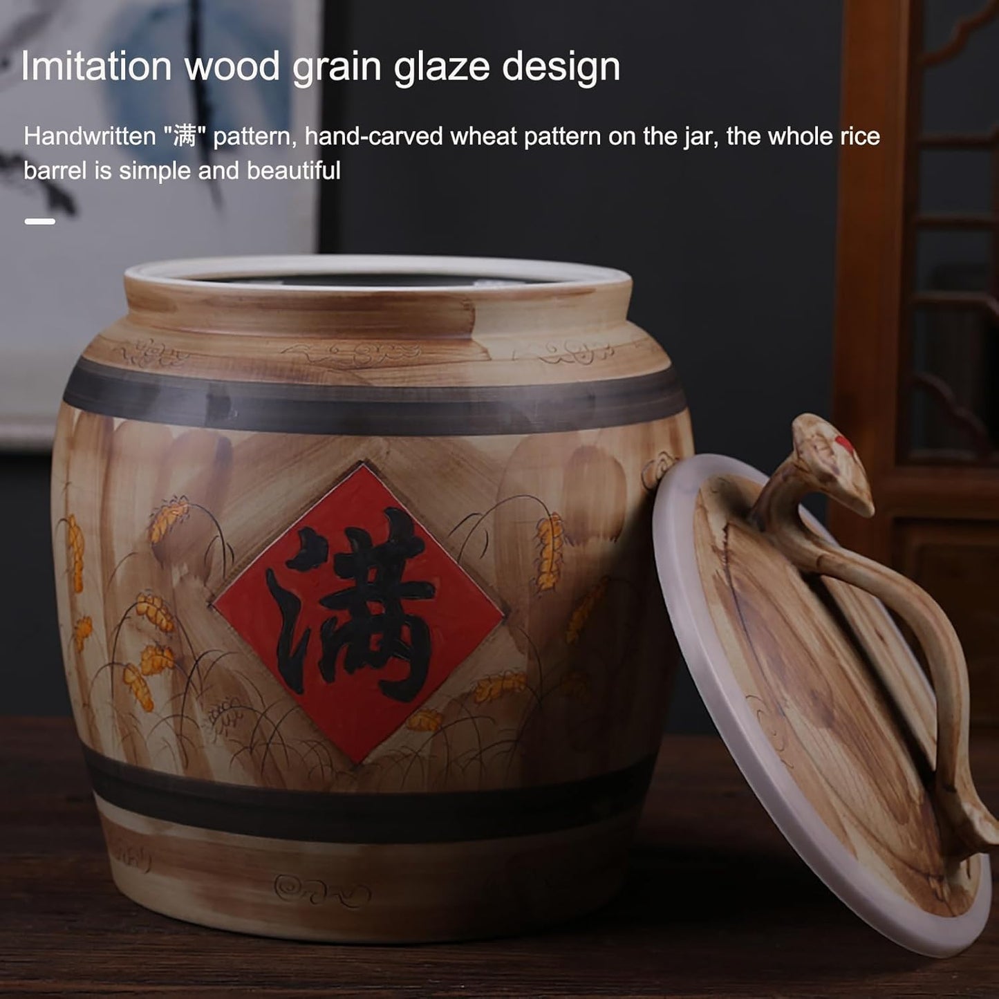 Ceramic Rice Storage Container Sealed Rice Bucket, Grain Dispenser Food Storage Jars, Chinese Jar Ceramic Decorative, for Cereal, Flour, Sugar, Coffee, Rice(35 * 28.5cm/13.7 * 11.2in)