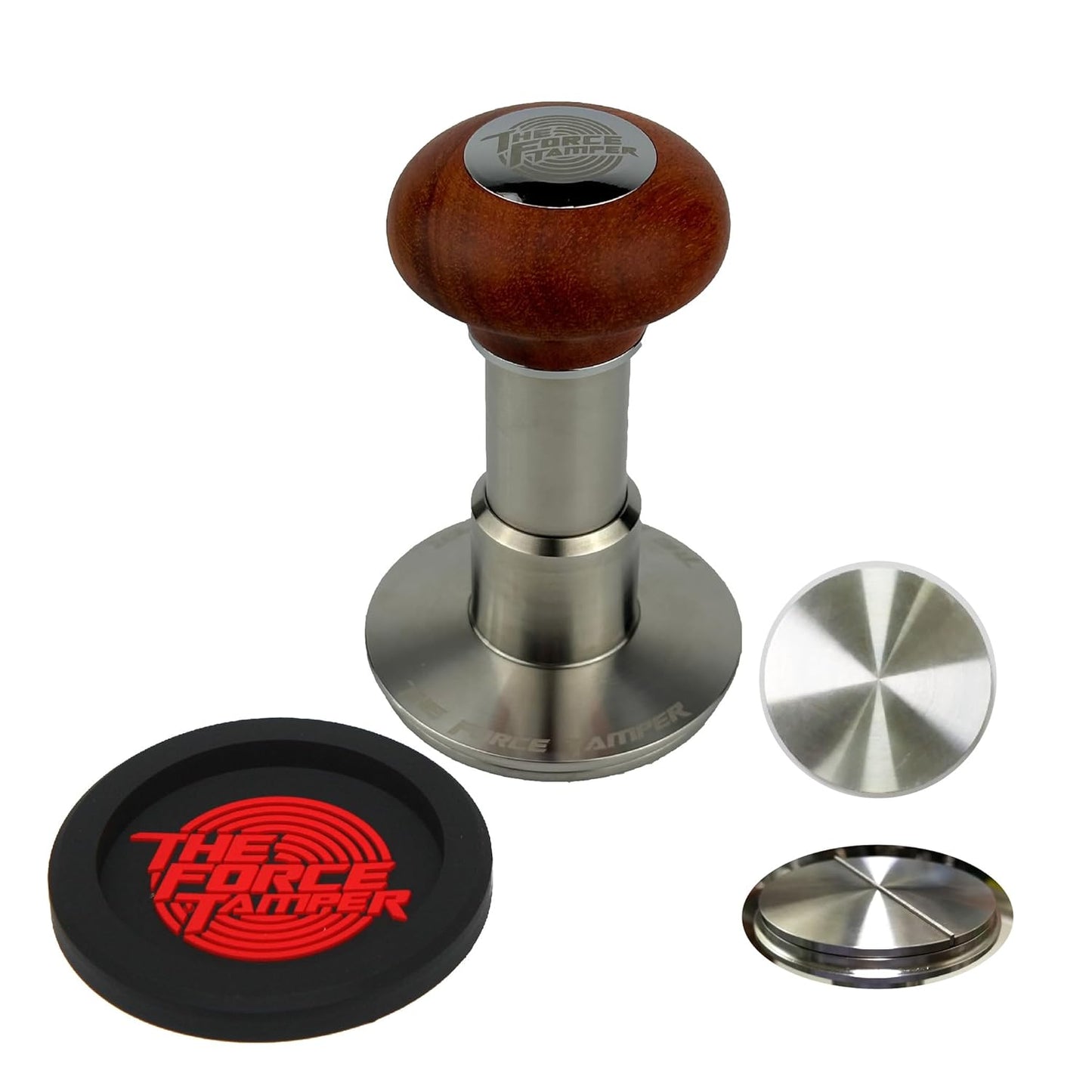 The Force Tamper Automatic Impact Adjustable Constant Pressure and Autoleveling Coffee Tamper Reddish Brown Jellyfish Wooden Handle Set Pro (Flat-Distribute Set, 53.00mm)