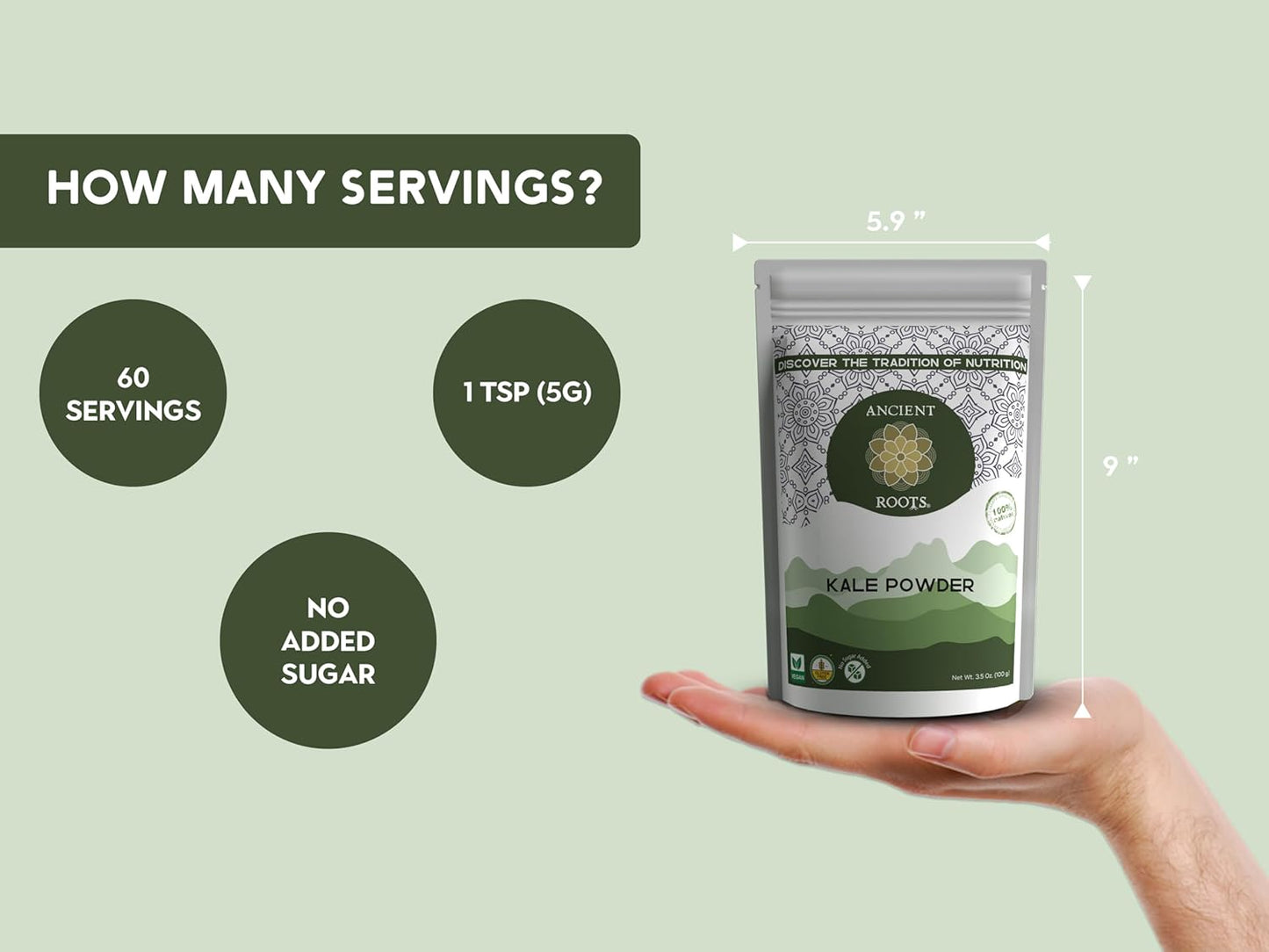 Ancient Roots Kale Powder - All-natural Vegetable Powder, No Sugar Added, No Preservatives, Supports Heart Health, Natural Source of Fiber - 3.5 ounces (20 servings)