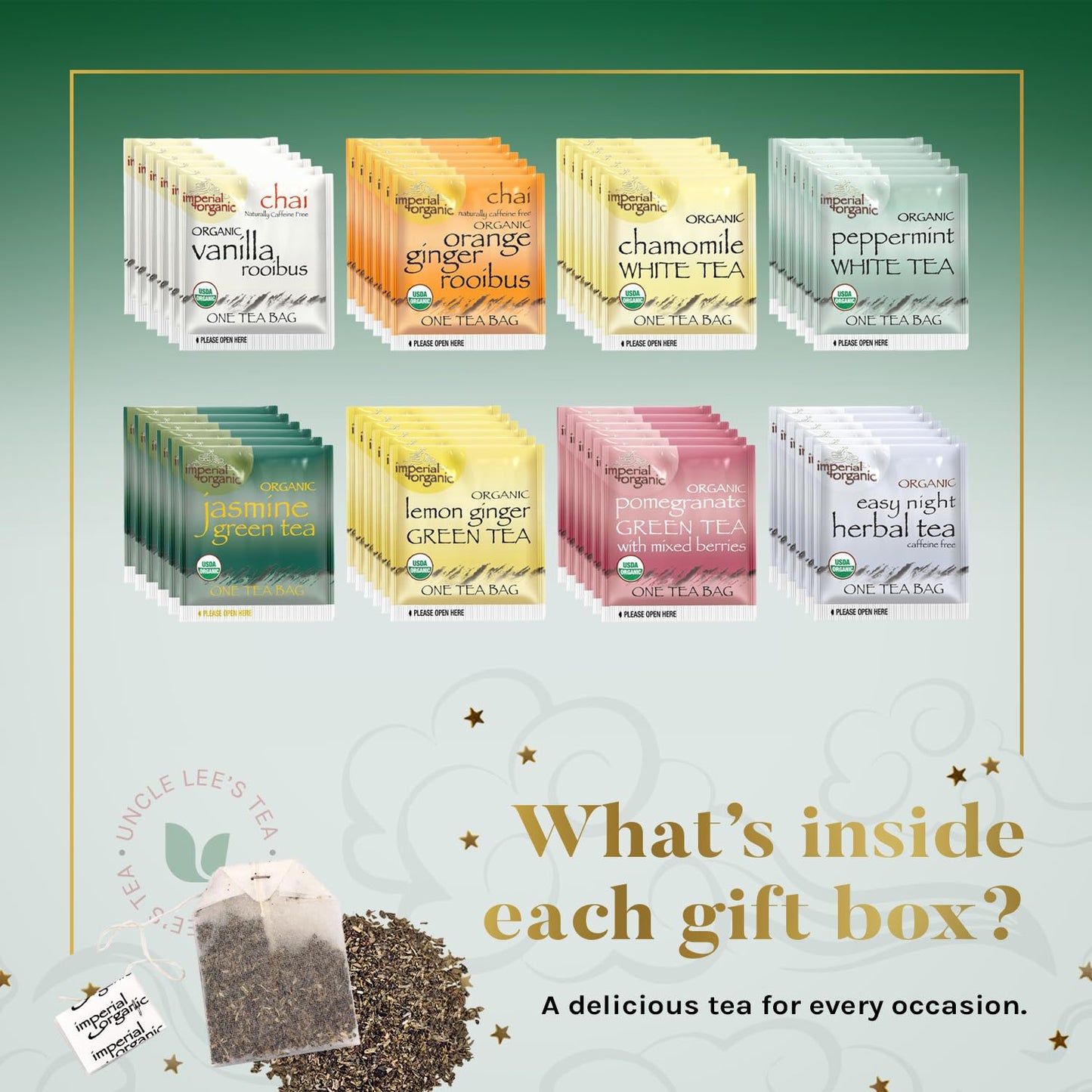 Uncle Lee’s Organic Tea Variety Gift Set – Wellness Collection with 8 Teas (6 Bags Each) in a Premium Gift Box, 3.3 Oz