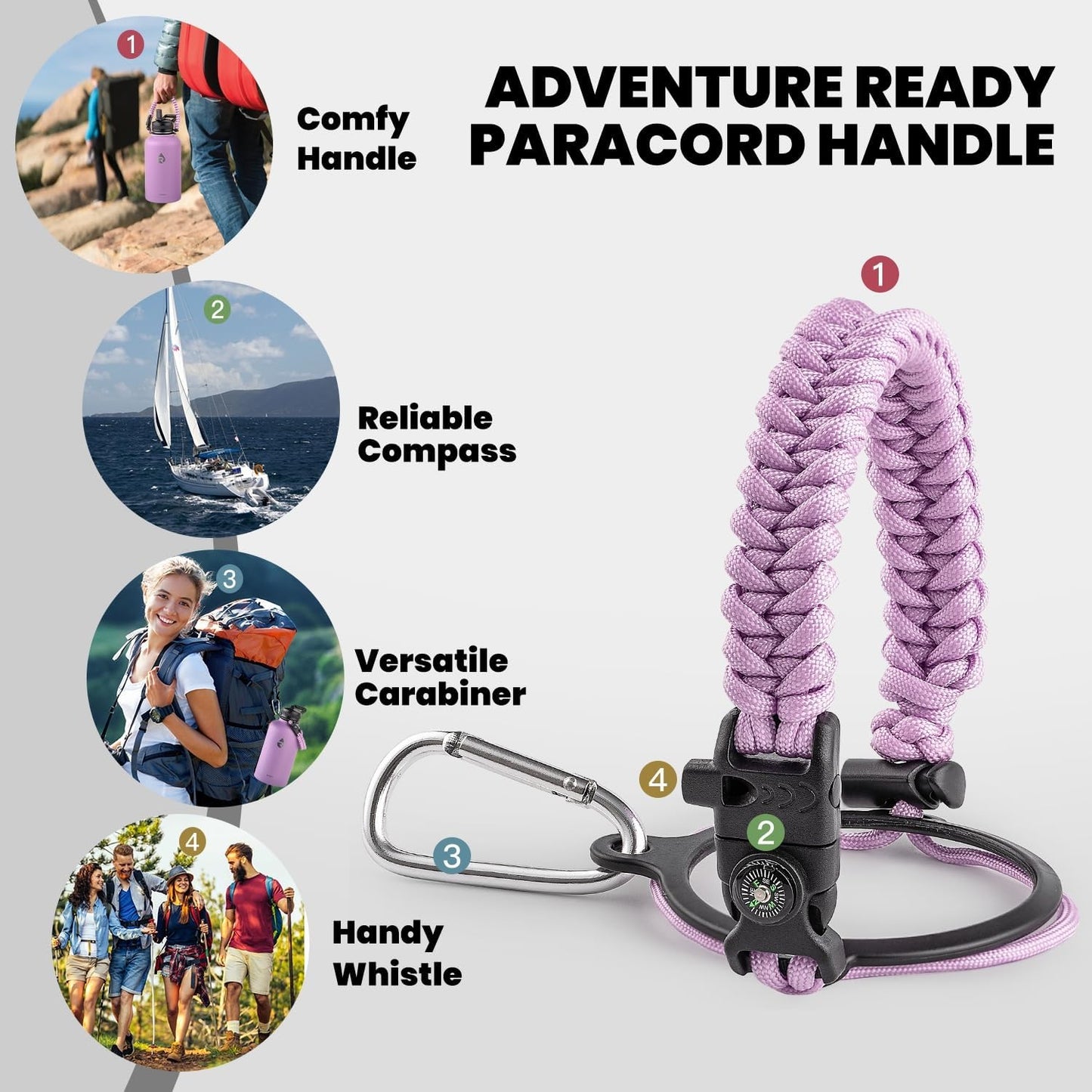 Insulated Water Bottle 64 oz, Triple Wall Vacuum Stainless Steel (Cold for 48 Hrs), Leak Proof & Non-BPA, Half Gallon Water Flask Jug with Paracord Handle & Straw Spout Lids, Lilac
