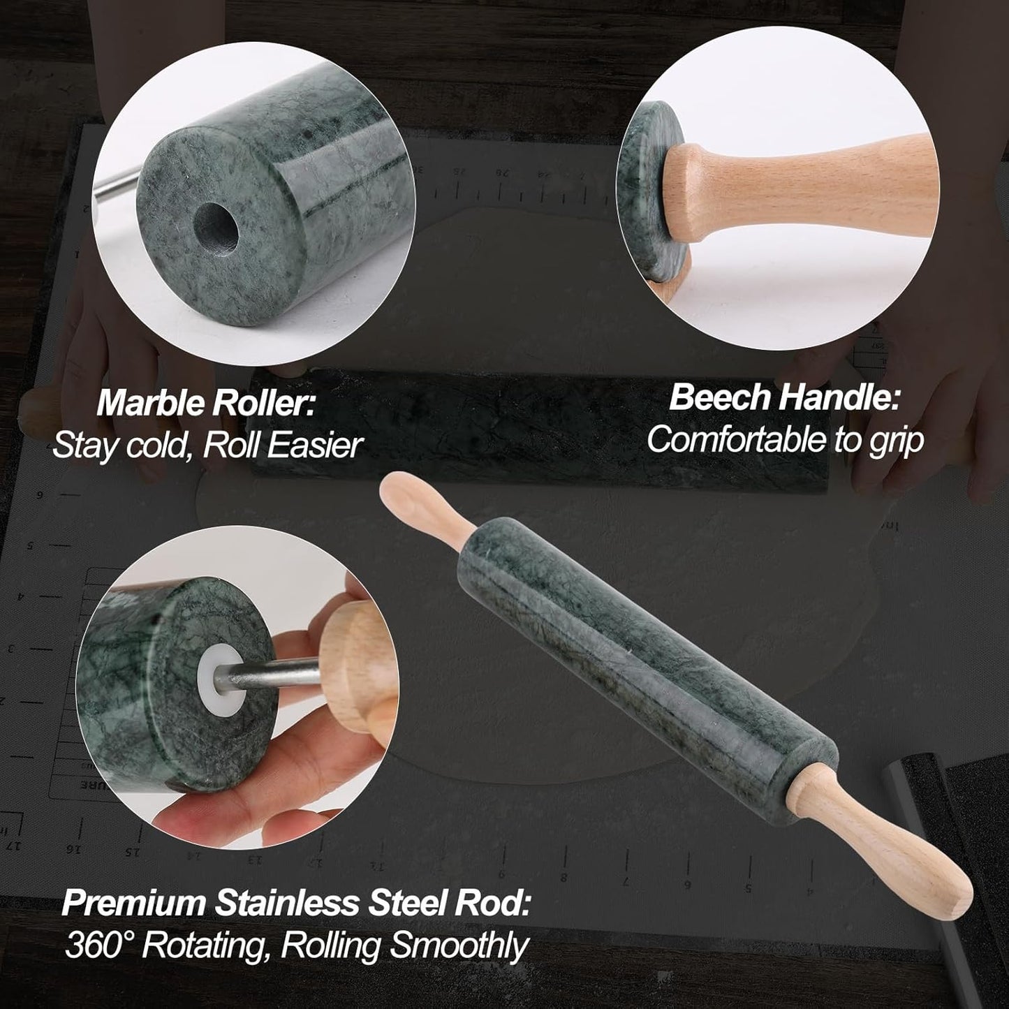 Koville Indian Natural Marble Rolling Pin, Non-Stick Polished Dough Roller, Pasta, Dumpling, Fondant, Pie Crust, Bread, Pizza Dough, Kitchen Baking Pastry Tools with Mat/Scraper(Indian Green)